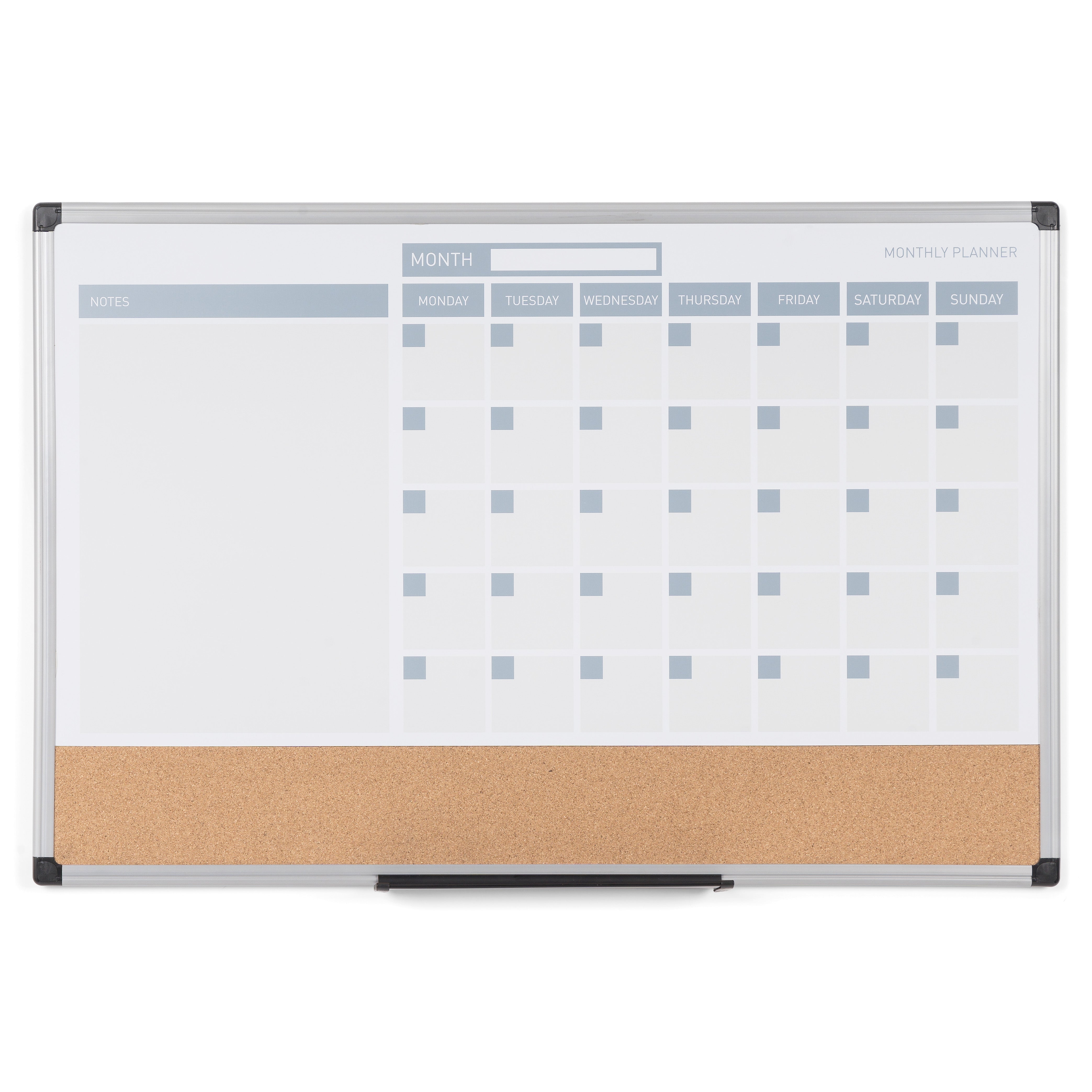 MasterVision 3-in-1 Dry-Erase Calendar Planner Board, 24" x 36", Silver Frame, Bulletin Board, Whiteboard and Planning Board