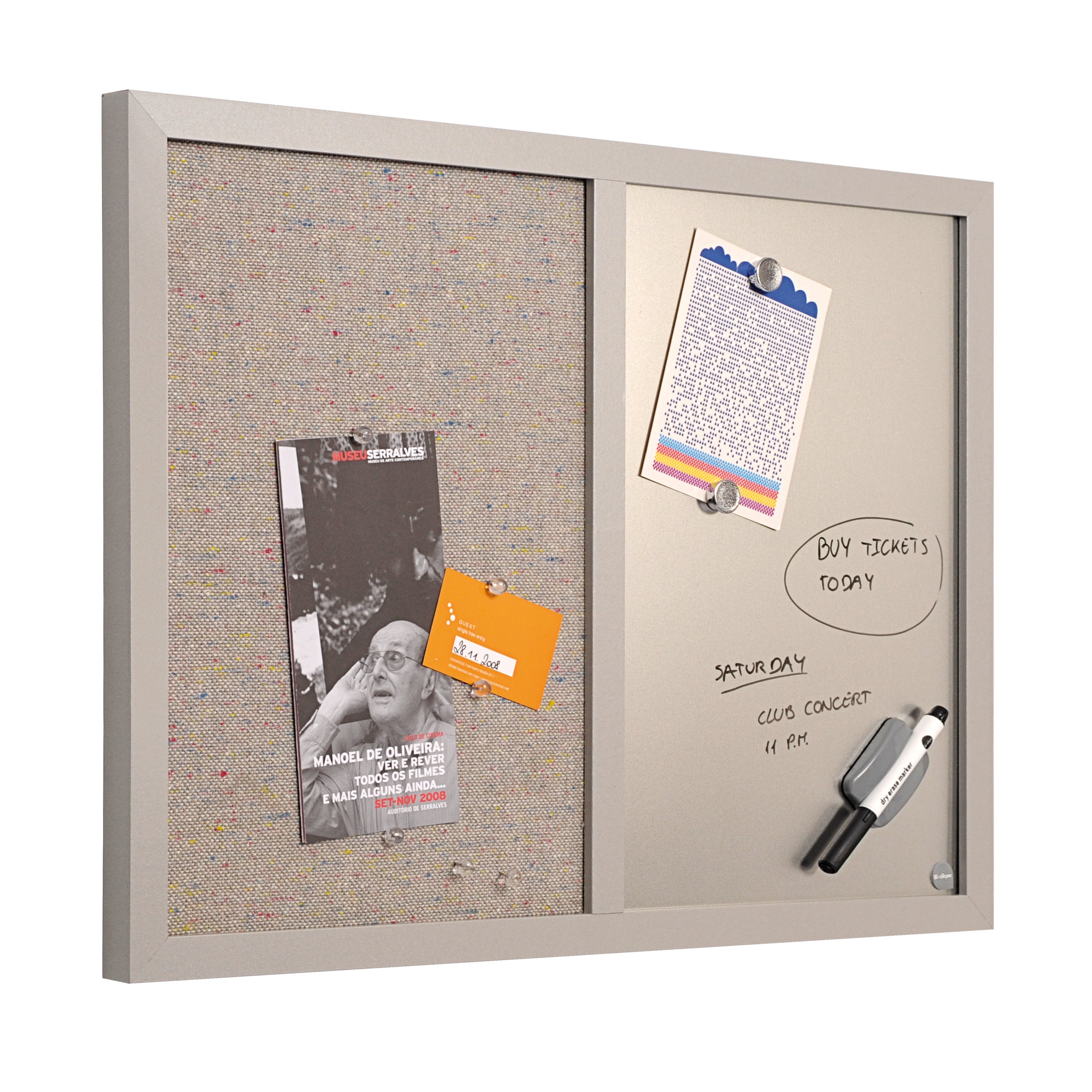 MasterVision Combo Silver Dry-Erase & Gray Fabric Bulletin Board, 18" x 24", Black Frame