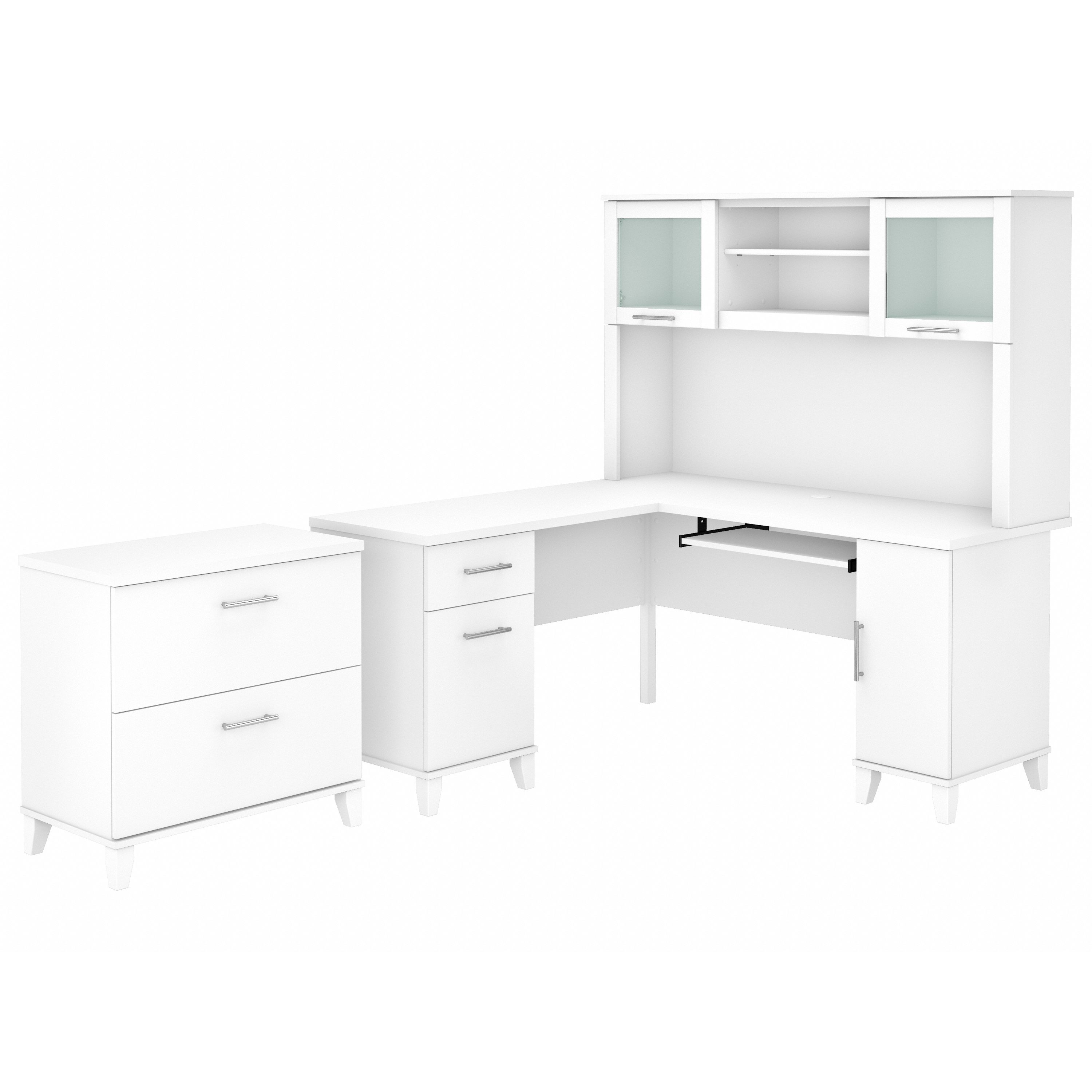 Bush Furniture Somerset 60W L Shaped Desk with Hutch and Lateral File Cabinet | White_0