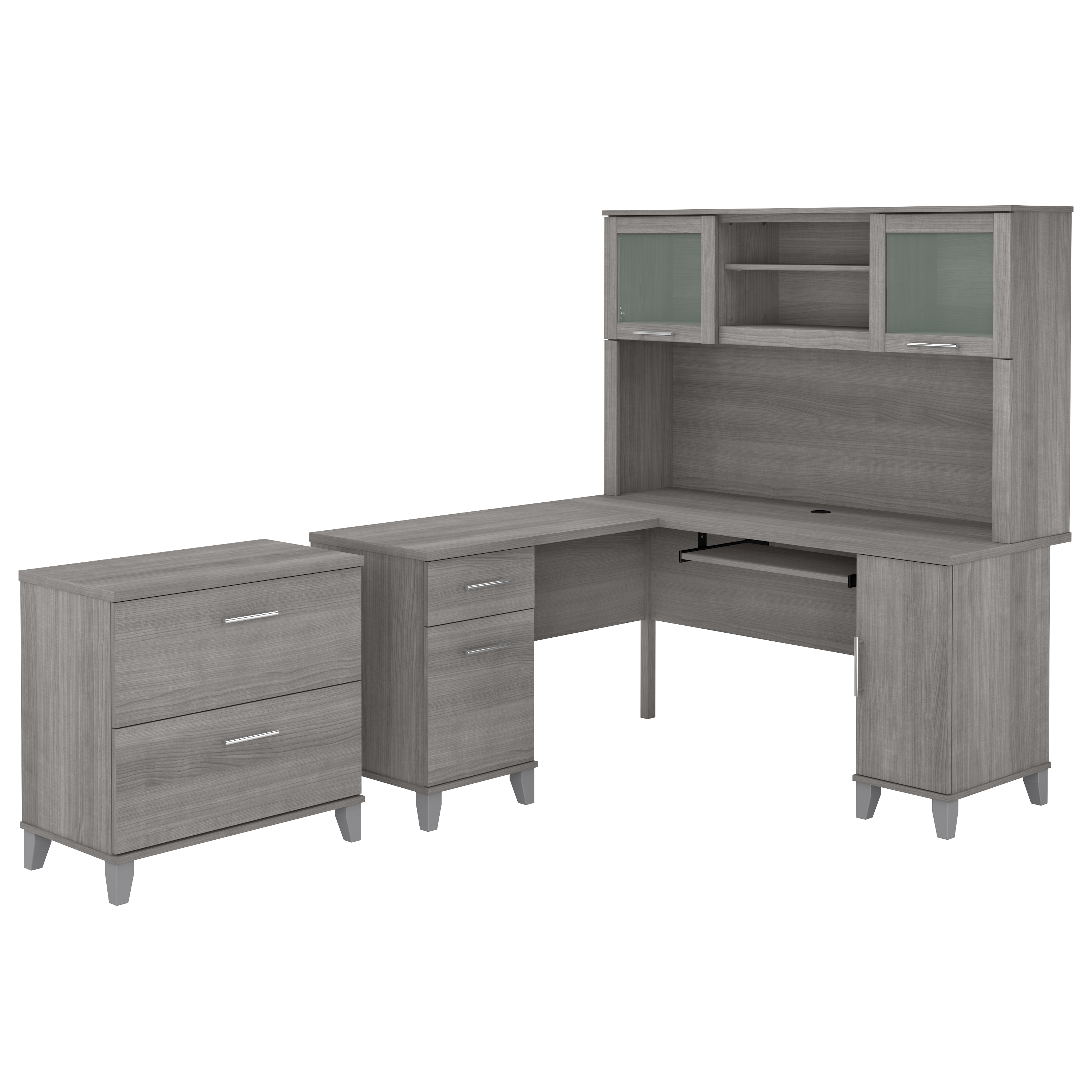 Bush Furniture Somerset 60W L Shaped Desk with Hutch and Lateral File Cabinet | Platinum Gray_0