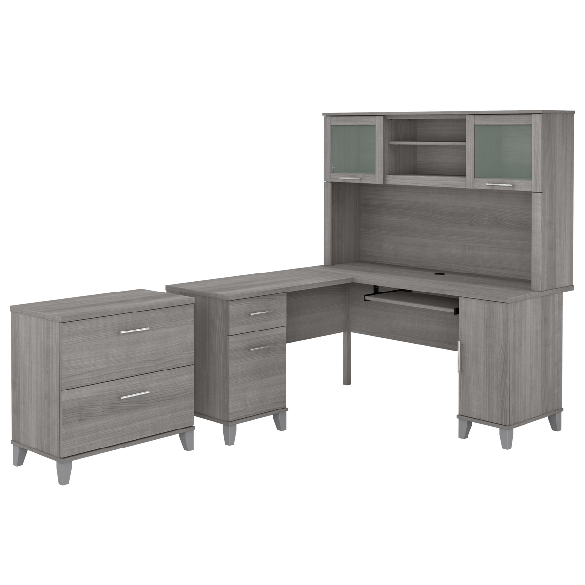Bush Furniture Somerset 60W L Shaped Desk with Hutch and Lateral File Cabinet | Platinum Gray_0
