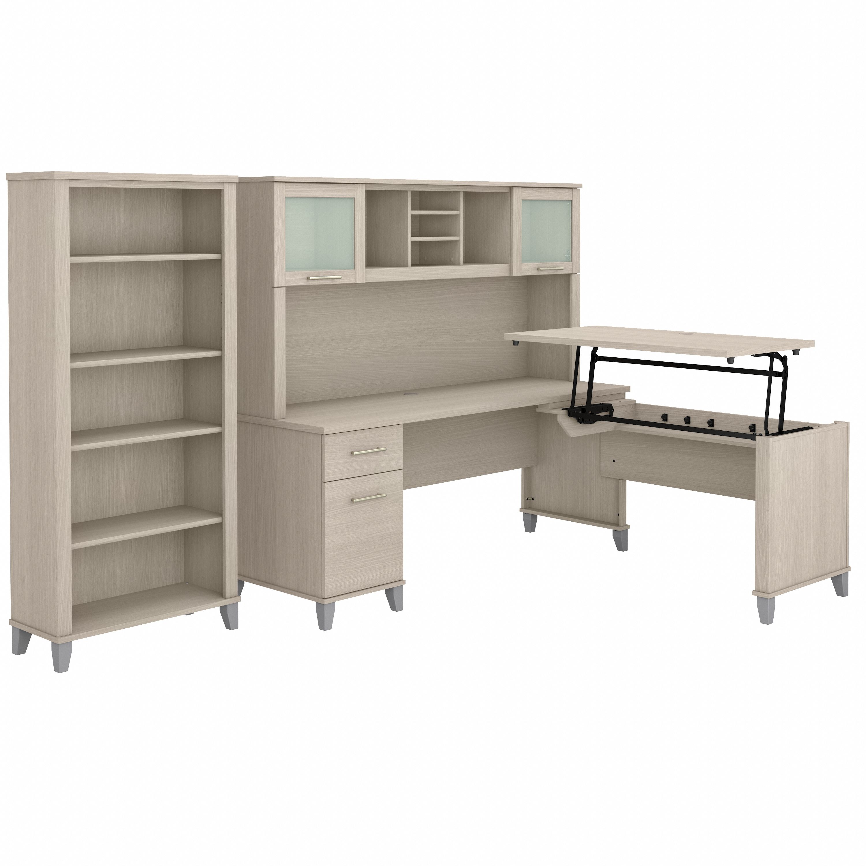 Bush Furniture Somerset 72W 3 Position Sit to Stand L Shaped Desk with Hutch and Bookcase | Sand Oak_0