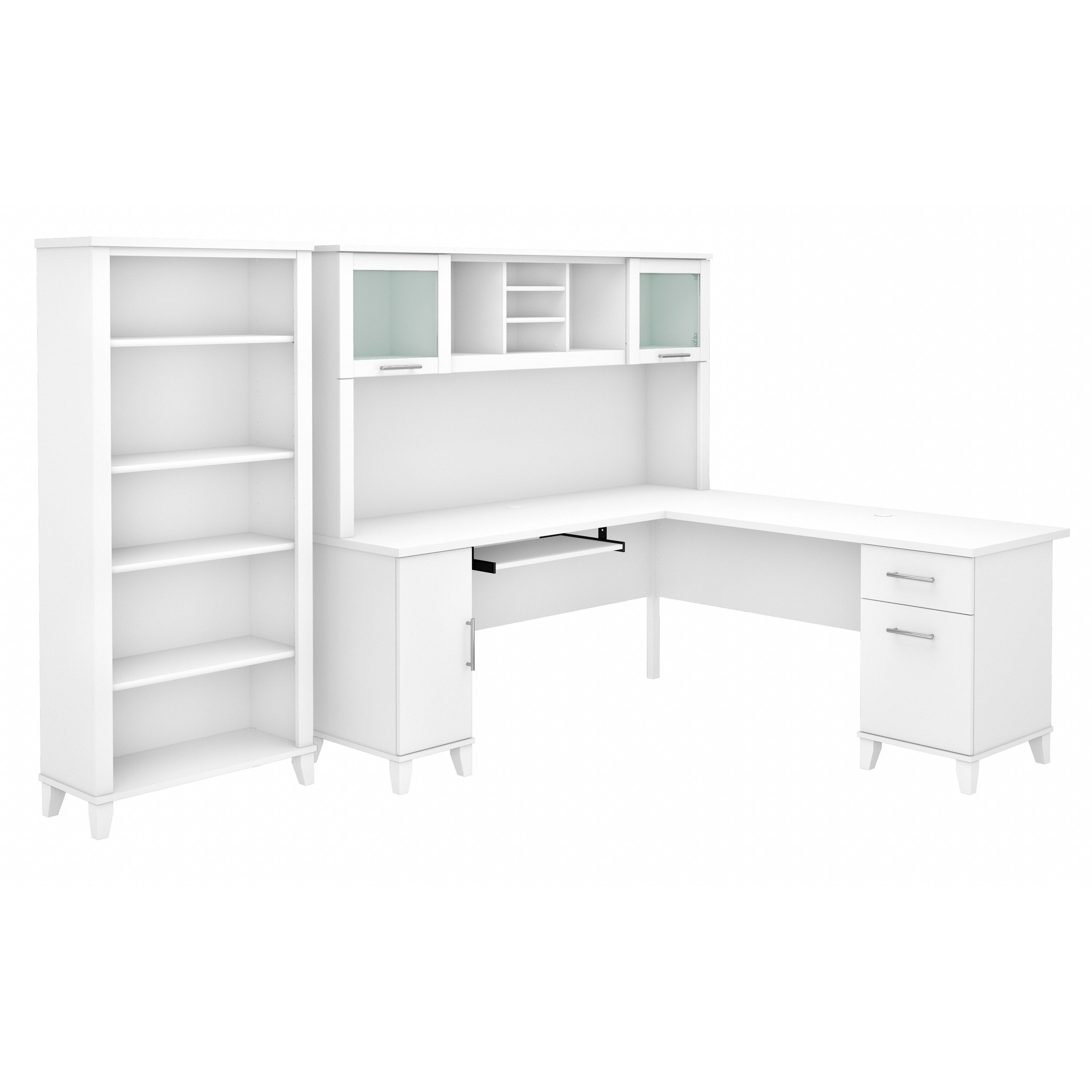 Bush Furniture Somerset 72W L Shaped Desk with Hutch and 5 Shelf Bookcase | White_0