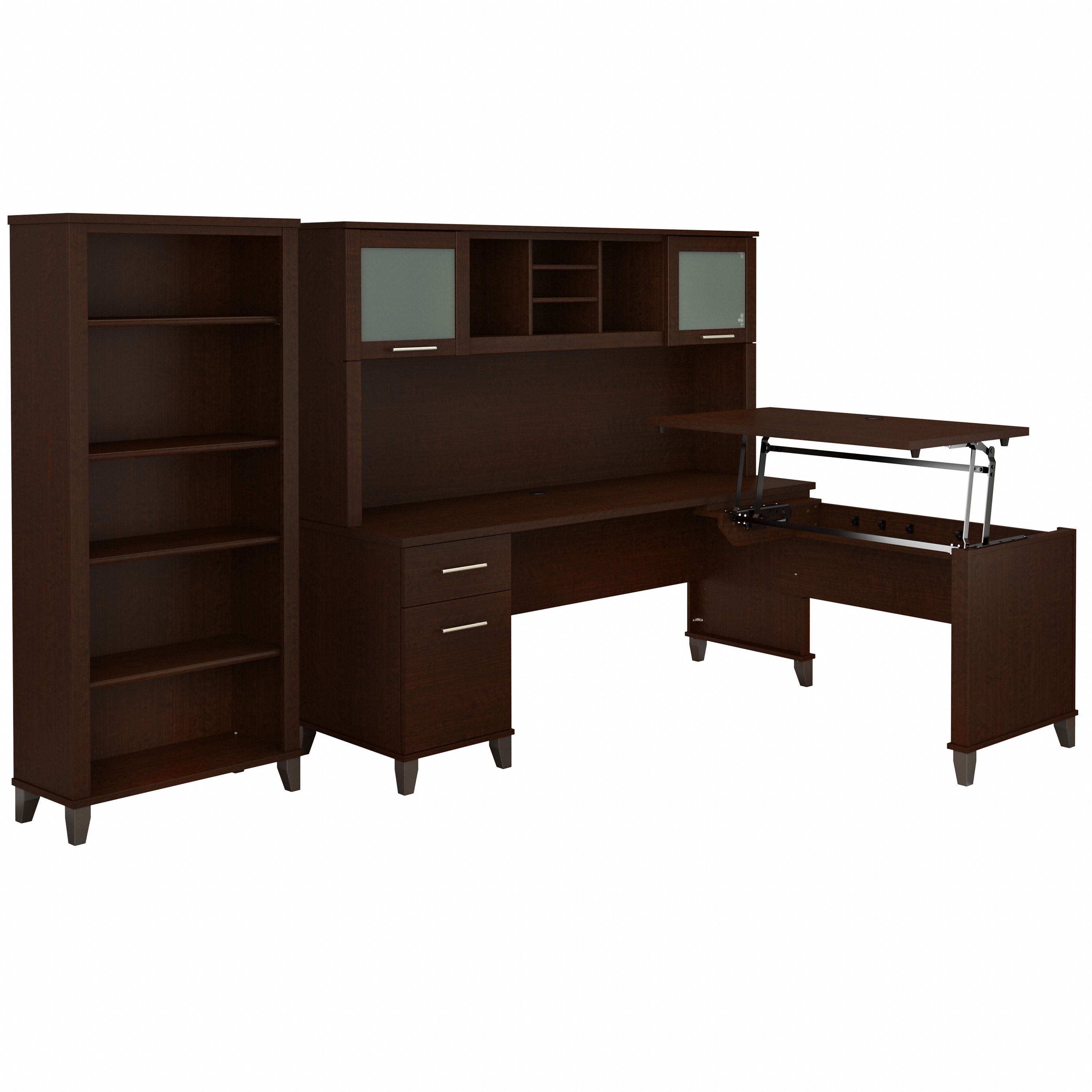 Bush Furniture Somerset 72W 3 Position Sit to Stand L Shaped Desk with Hutch and Bookcase | Mocha Cherry_0