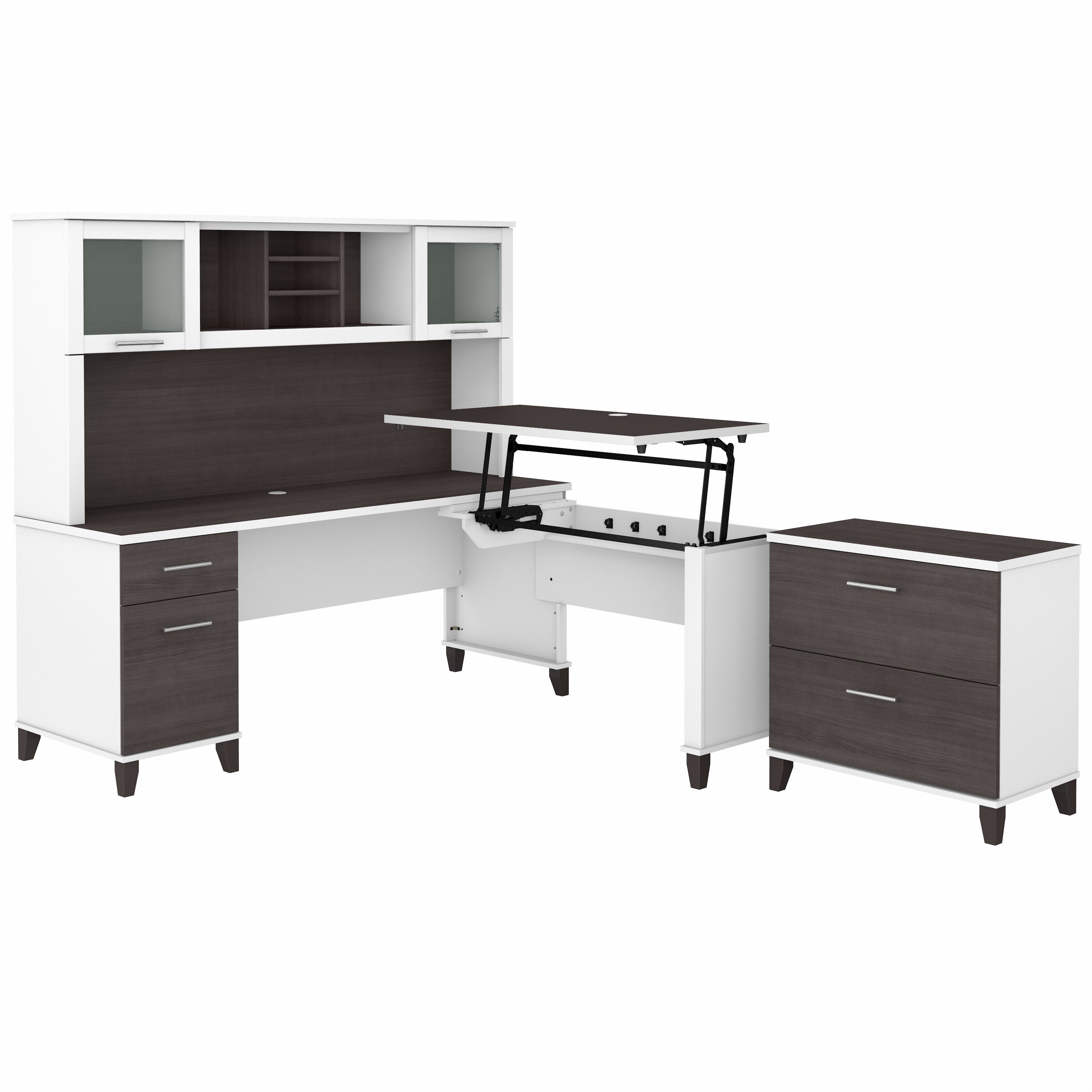 Bush Furniture Somerset 72W 3 Position Sit to Stand L Shaped Desk with Hutch and File Cabinet | Storm Gray/White_0