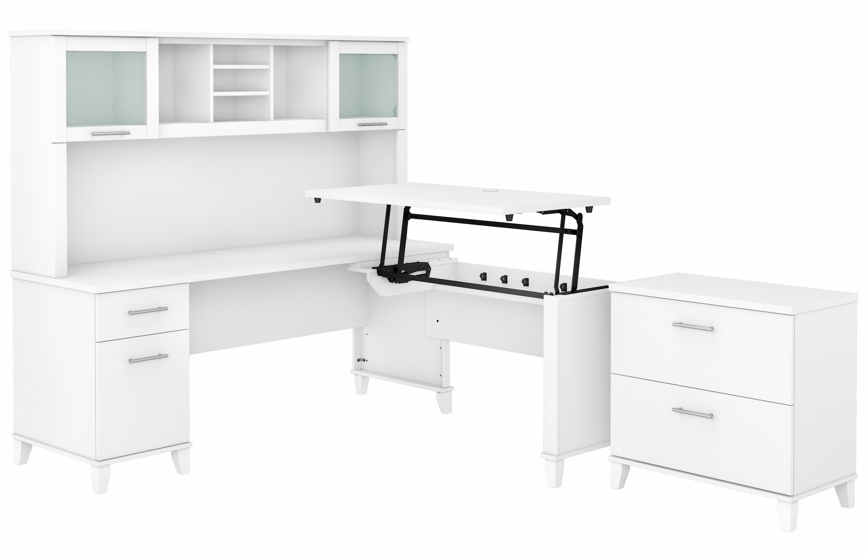 Bush Furniture Somerset 72W 3 Position Sit to Stand L Shaped Desk with Hutch and File Cabinet | White_0