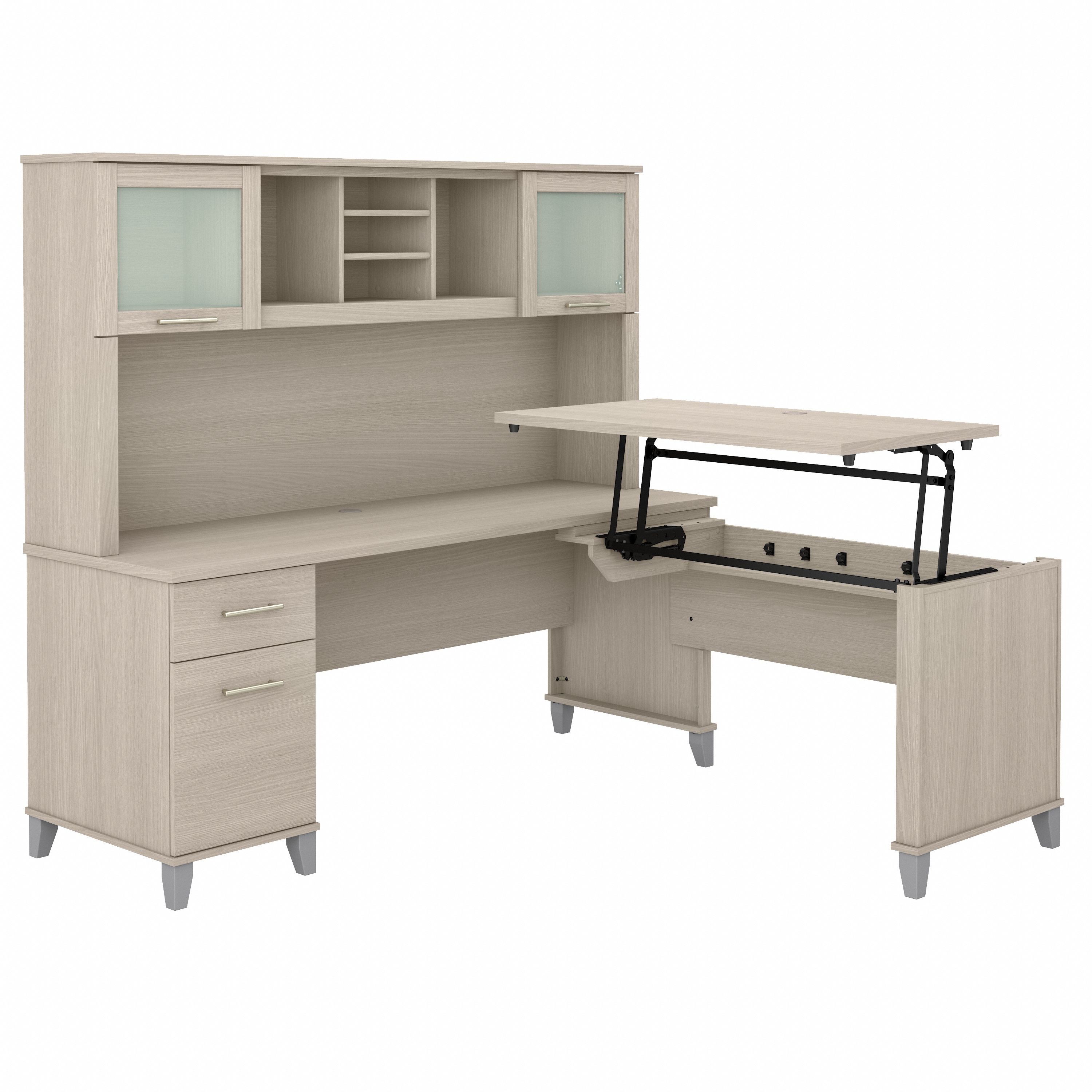 Bush Furniture Somerset 72W 3 Position Sit to Stand L Shaped Desk with Hutch | Sand Oak_0