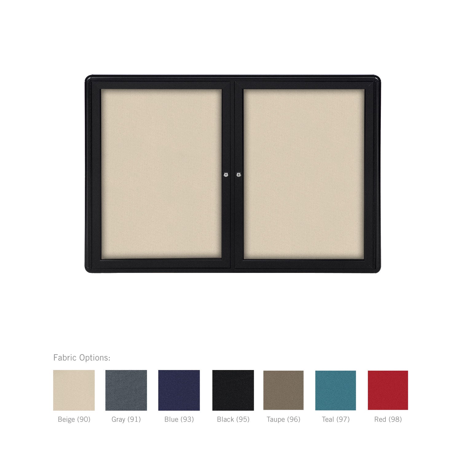 Ghent Ovation 2 Door Enclosed Fabric Bulletin Board w/ Gray Frame, 3'H x 4'W, Teal_0