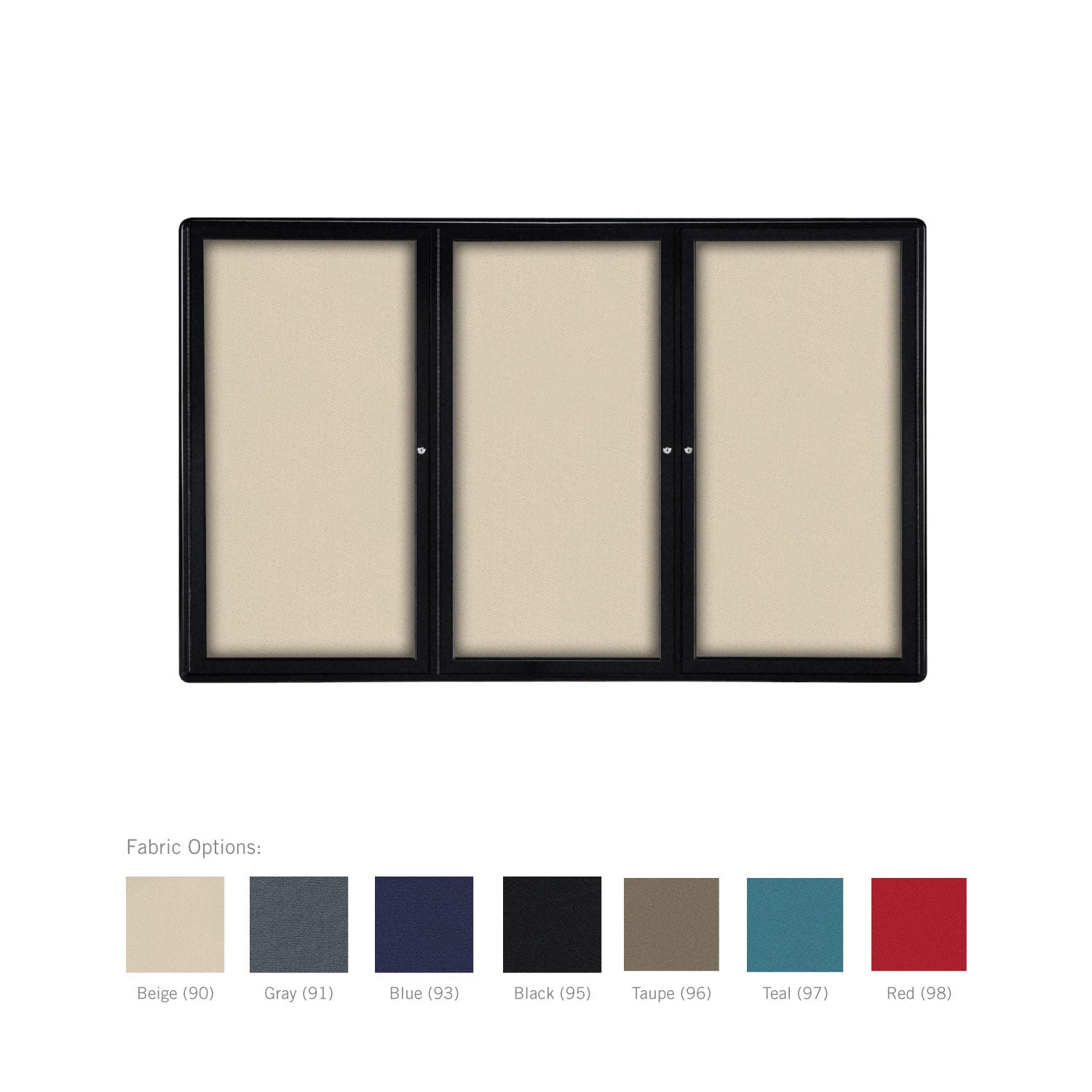 Ghent Ovation 2 Door Enclosed Fabric Bulletin Board w/ Black Frame, 3'H x 5'W, Taupe_0