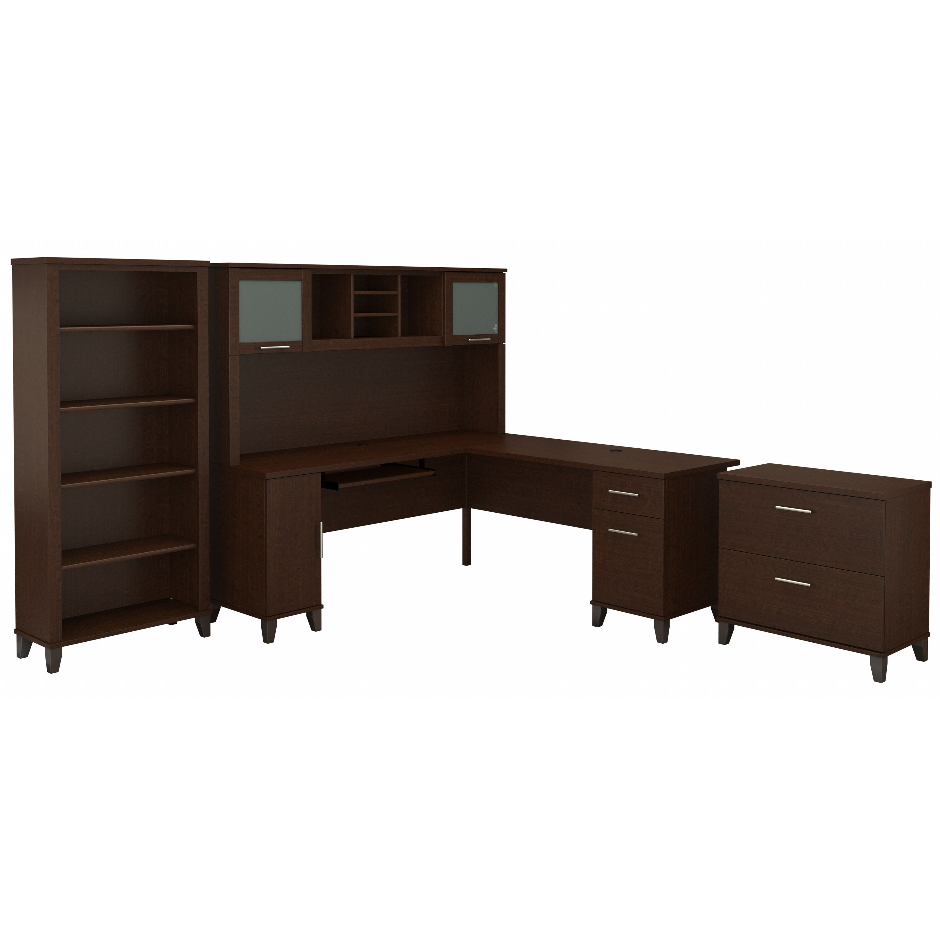 Bush Furniture Somerset 72W L Shaped Desk with Hutch, Lateral File Cabinet and Bookcase | Mocha Cherry_0