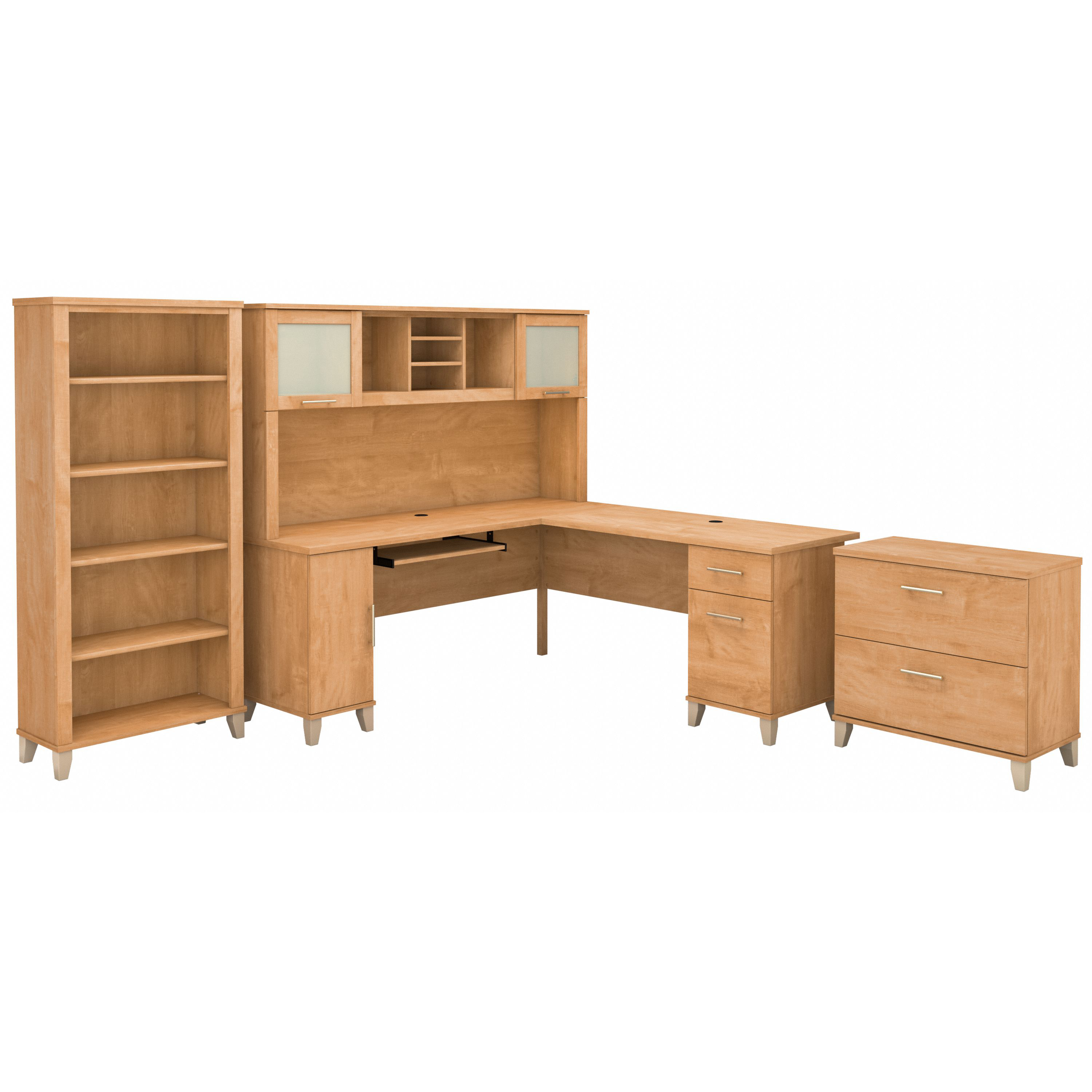 Bush Furniture Somerset 72W L Shaped Desk with Hutch, Lateral File Cabinet and Bookcase | Maple Cross_0