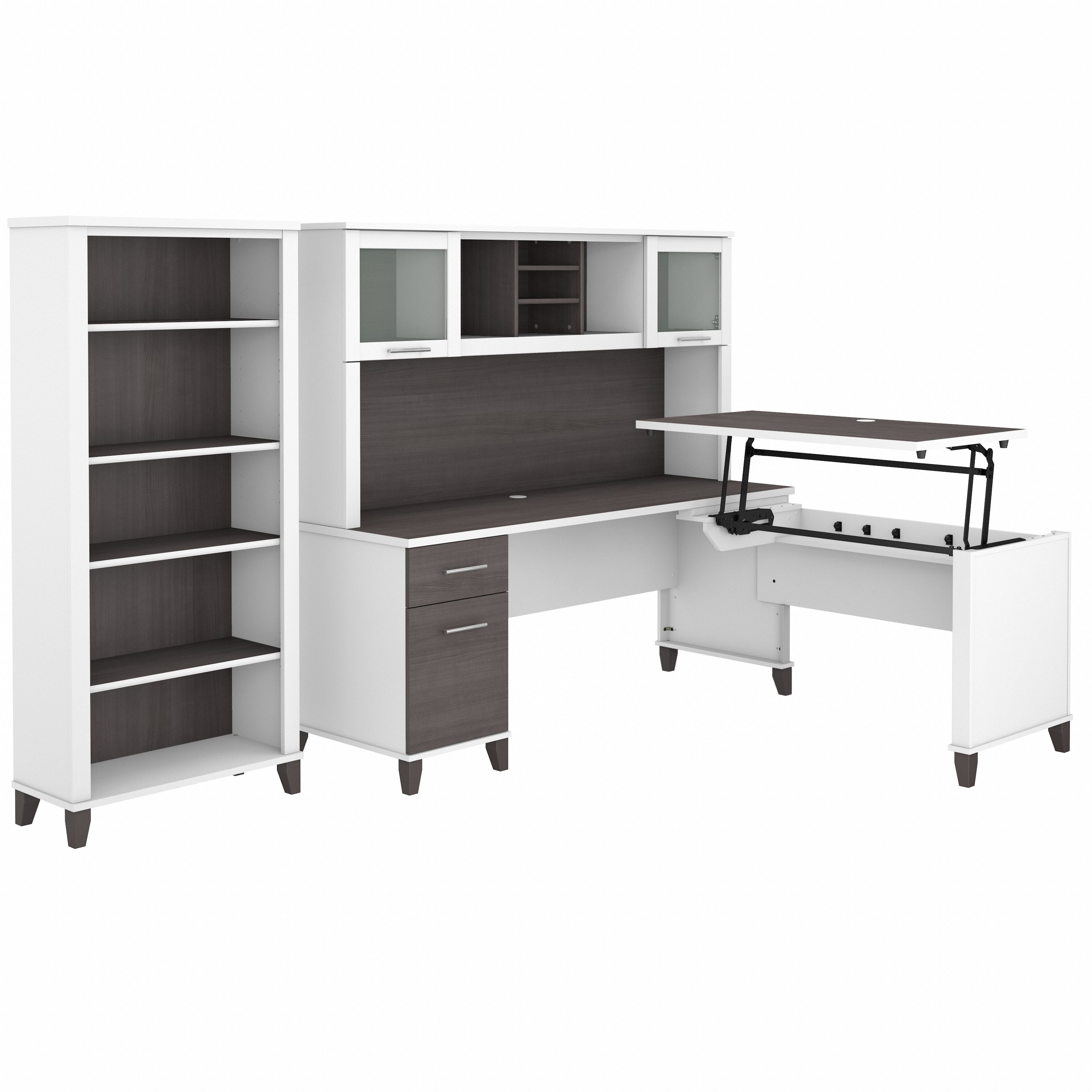 Bush Furniture Somerset 72W 3 Position Sit to Stand L Shaped Desk with Hutch and Bookcase | Storm Gray/White_0