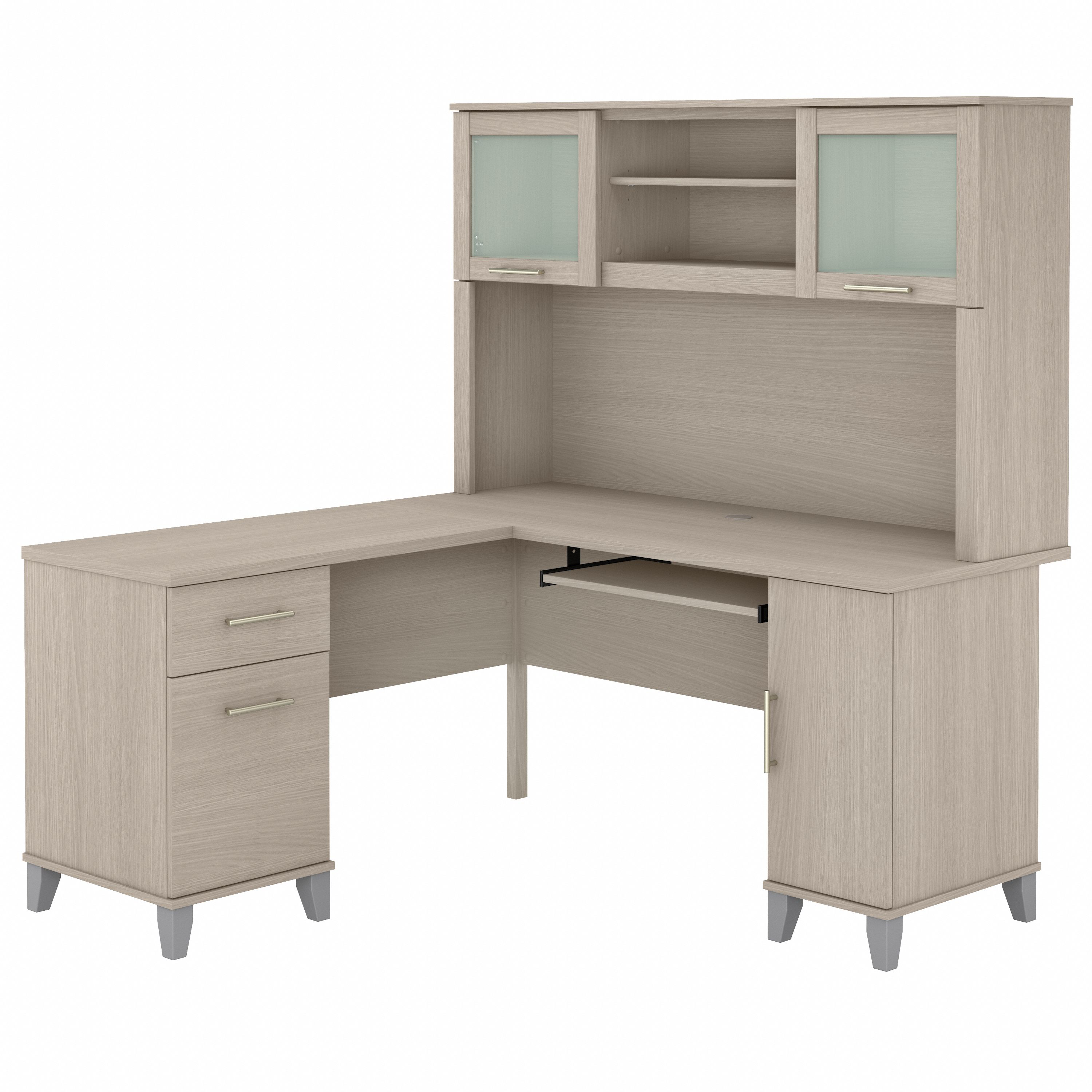 Bush Furniture Somerset 60W L Shaped Desk with Hutch | Sand Oak_0