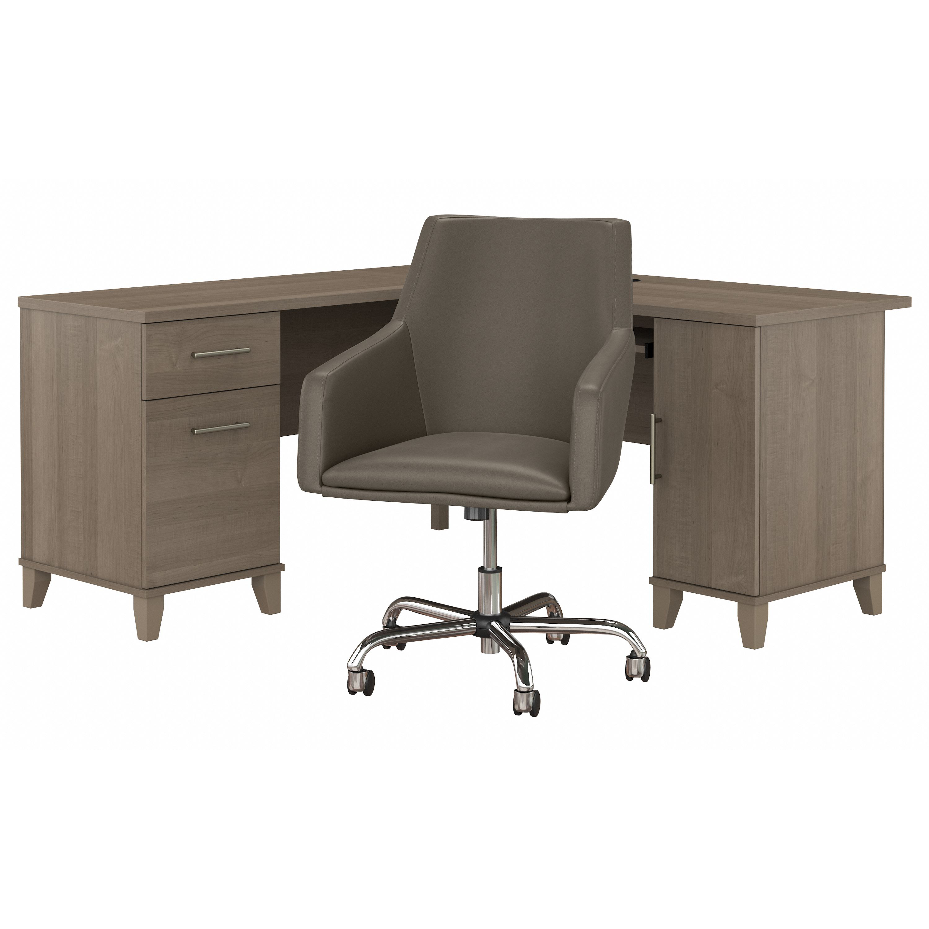 Bush Furniture Somerset 60W L Shaped Desk with Mid Back Leather Box Chair | Ash Gray_0