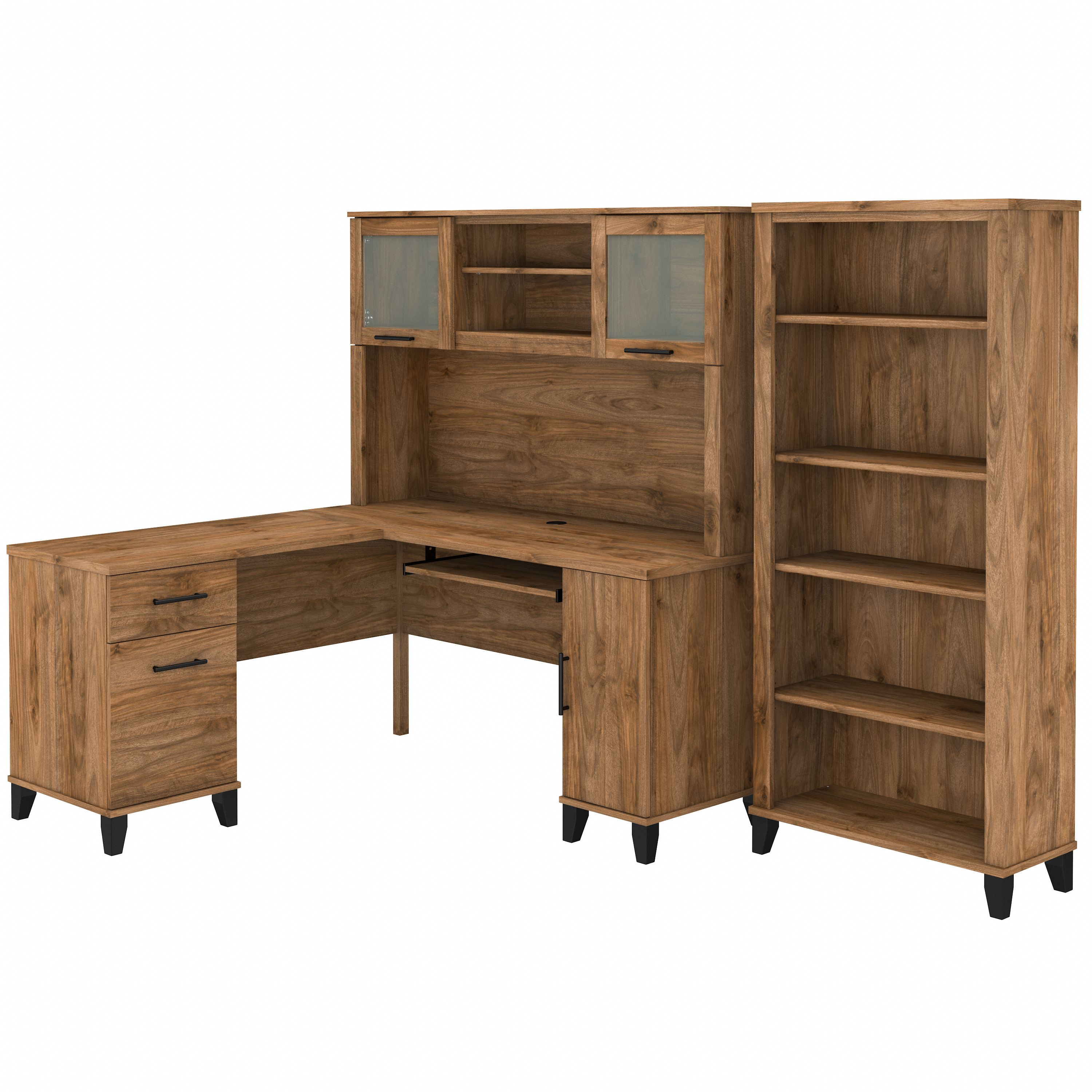 Bush Furniture Somerset 60W L Shaped Desk with Hutch and 5 Shelf Bookcase | Fresh Walnut_0