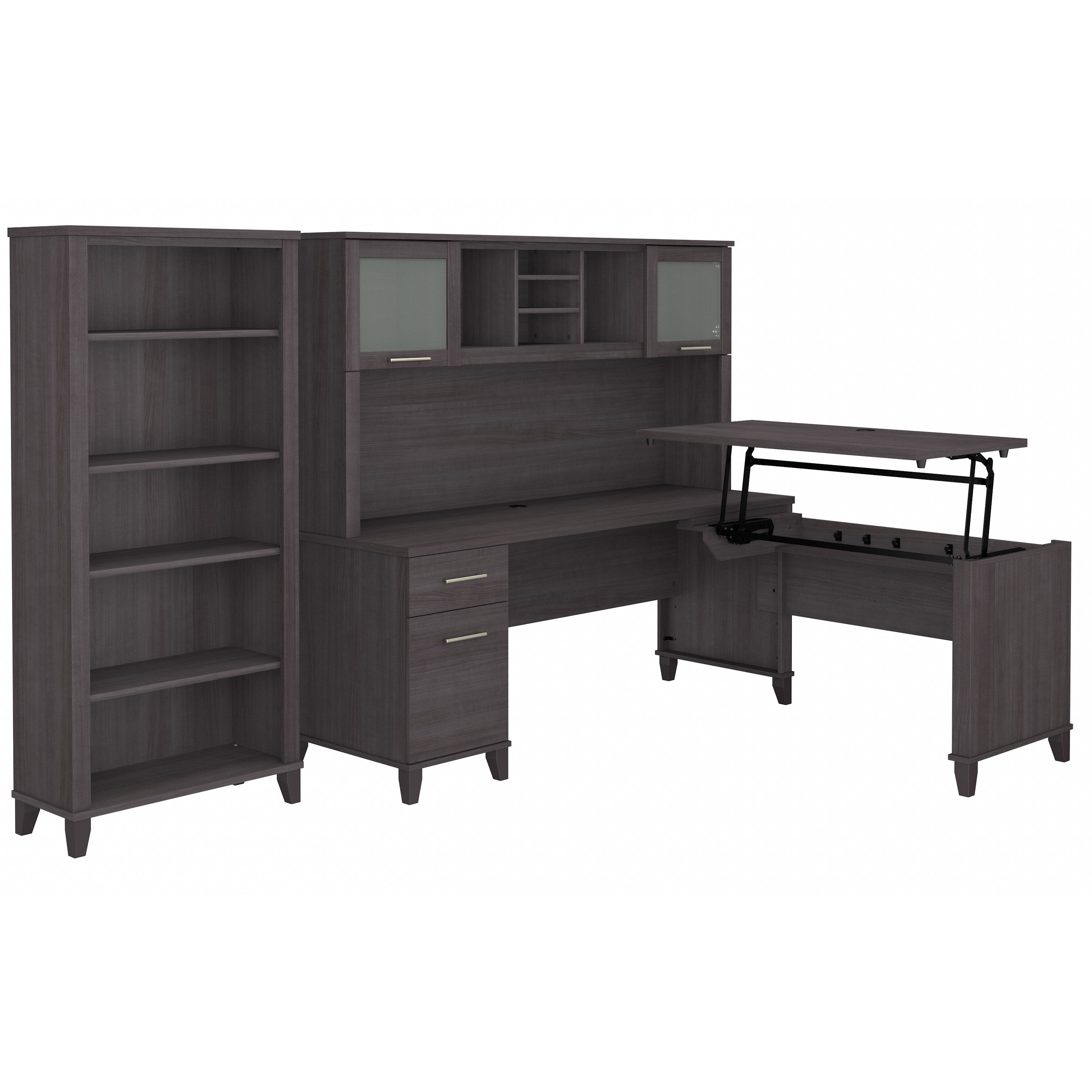 Bush Furniture Somerset 72W 3 Position Sit to Stand L Shaped Desk with Hutch and Bookcase | Storm Gray_0