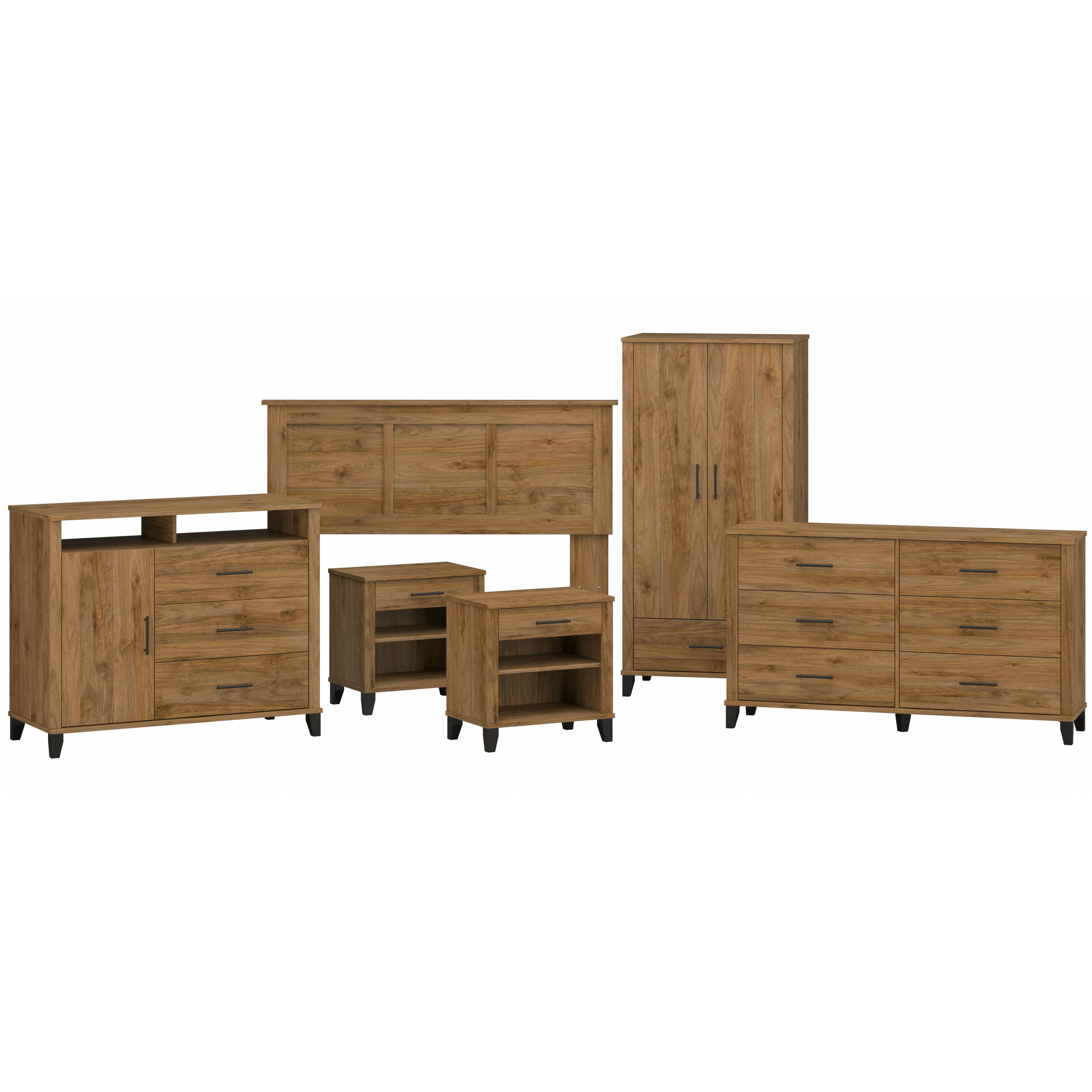 Bush Furniture Somerset 6 Piece Bedroom Set with Full/Queen Size Headboard and Storage | Fresh Walnut_0