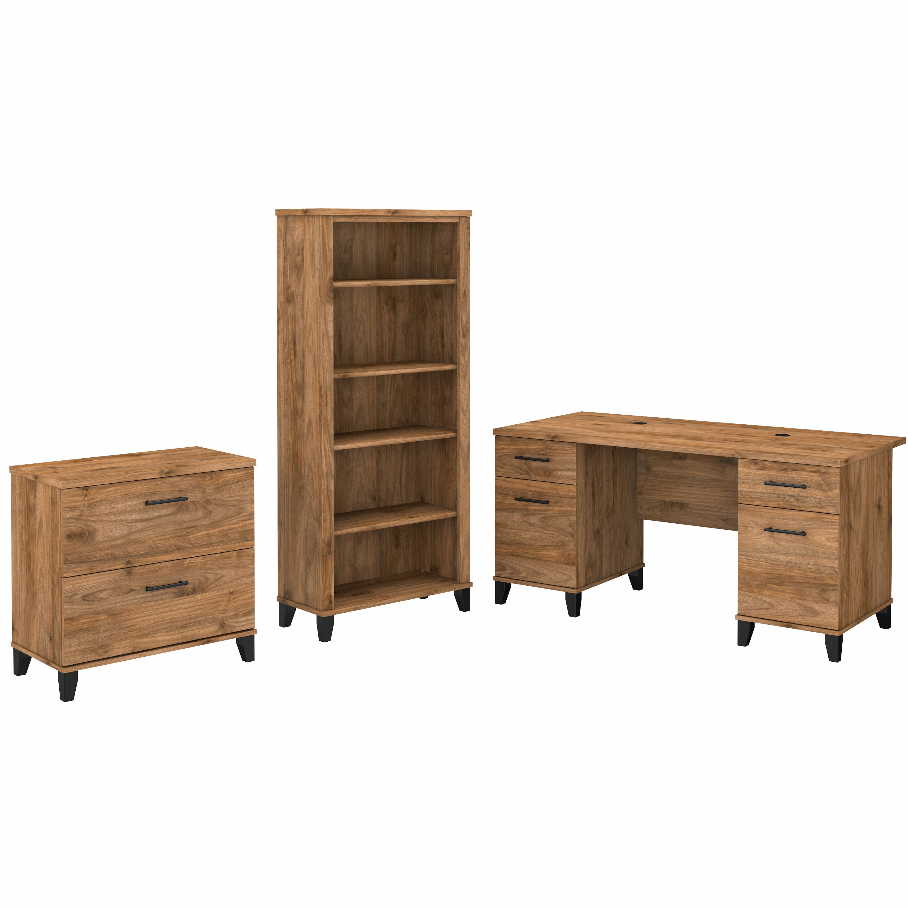 Bush Furniture Somerset 60W Office Desk with Lateral File Cabinet and 5 Shelf Bookcase | Fresh Walnut_0