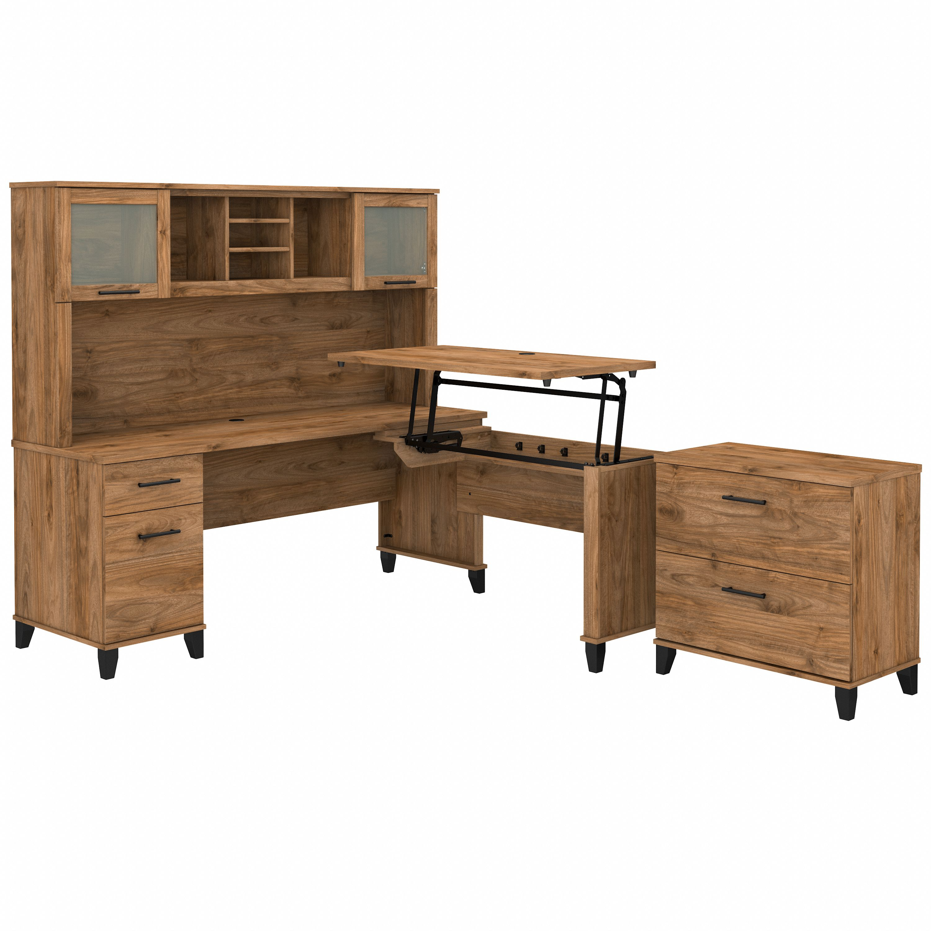 Bush Furniture Somerset 72W 3 Position Sit to Stand L Shaped Desk with Hutch and File Cabinet | Fresh Walnut_0