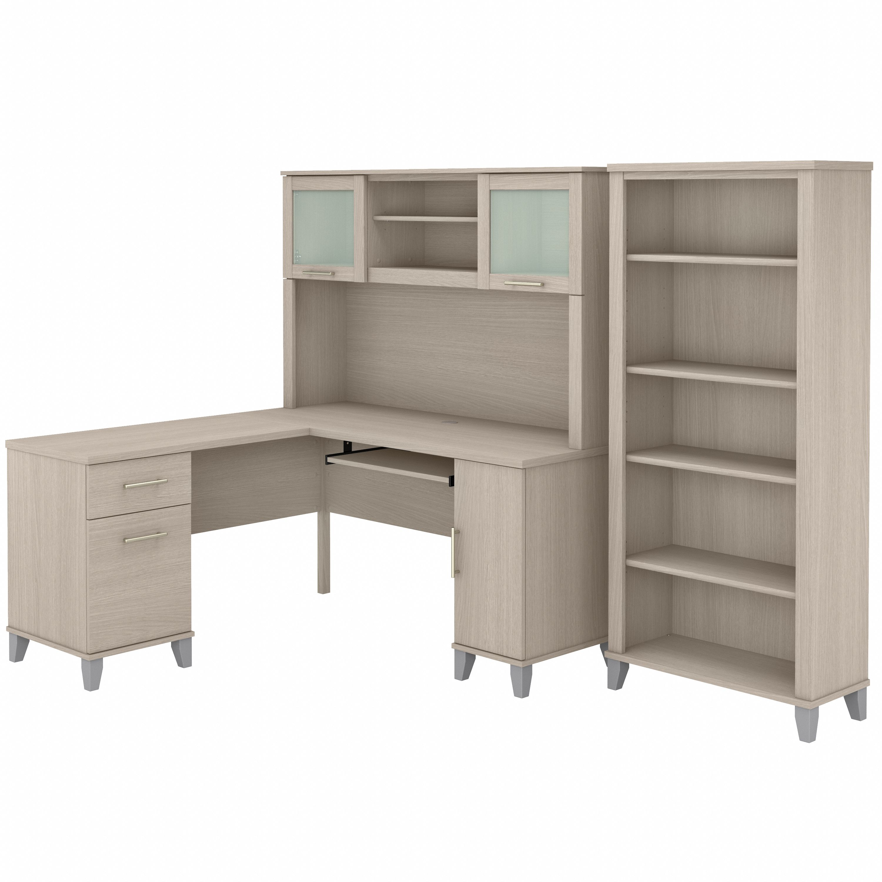 Bush Furniture Somerset 60W L Shaped Desk with Hutch and 5 Shelf Bookcase | Sand Oak_0