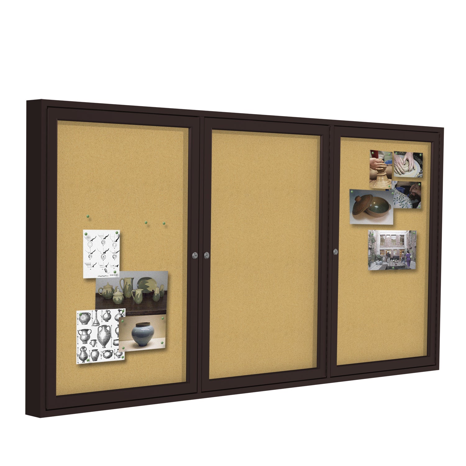 Ghent 3 Door Enclosed Natural Cork Bulletin Board w/ Bronze Frame, 4'H x 8'W_1