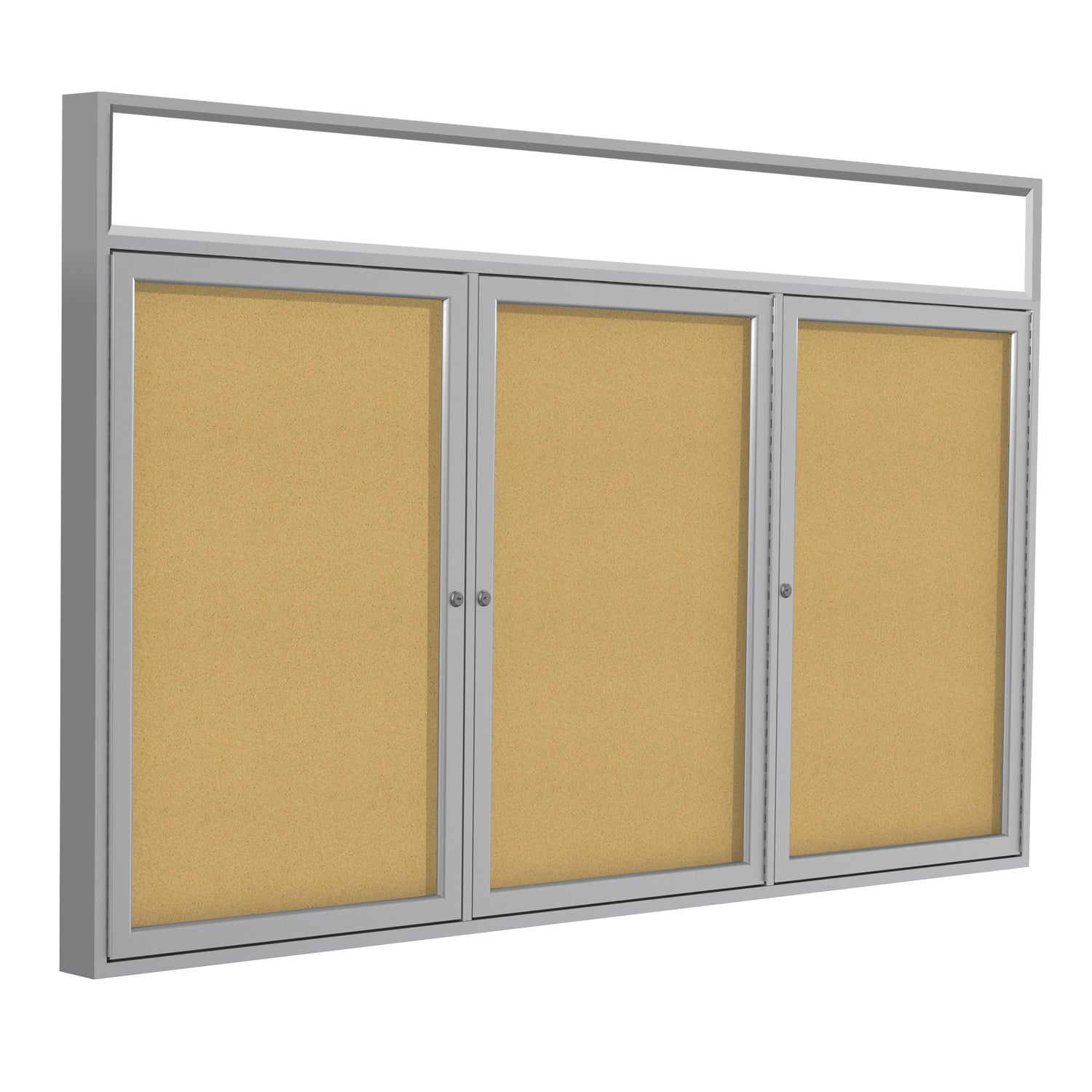 Ghent 3 Door Enclosed Natural Cork Bulletin Board w/ Satin Illuminated Headliner Frame, 4&#39;H x 8&#39;W_0