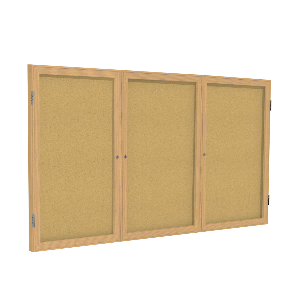 Ghent 3 Door Enclosed Natural Cork Bulletin Board w/ Oak Wood Frame, 4'H x 6'W_0