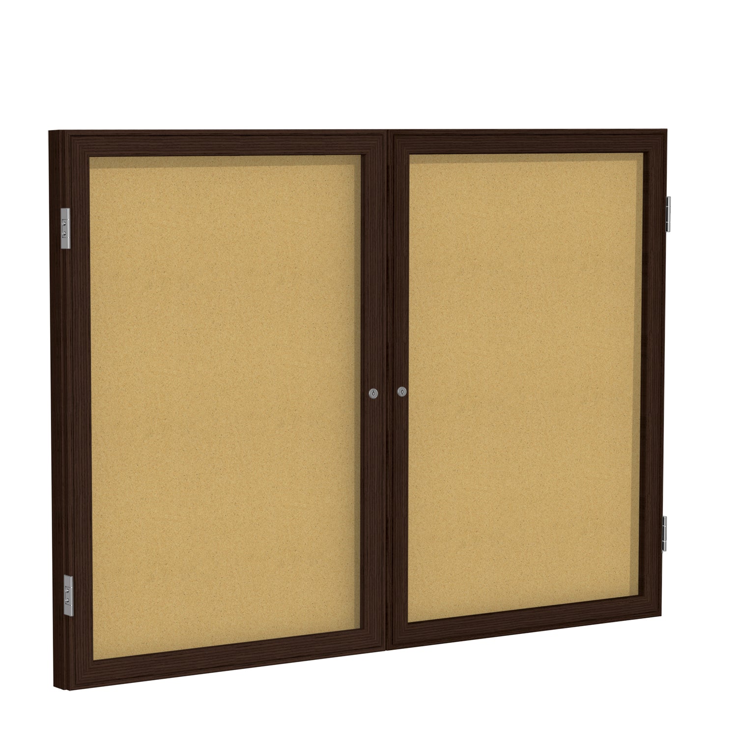 Ghent 2 Door Enclosed Natural Cork Bulletin Board w/ Walnut Wood Frame, 4&#39;H x 5&#39;W_0