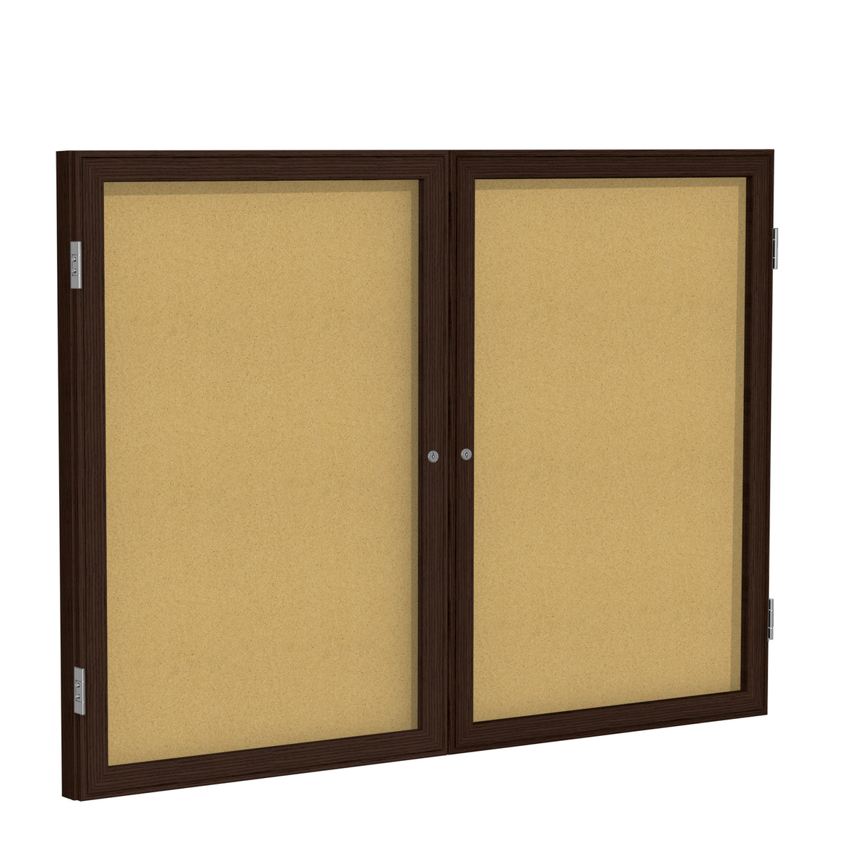 Ghent 2 Door Enclosed Natural Cork Bulletin Board w/ Walnut Wood Frame, 3'H x 5'W_0