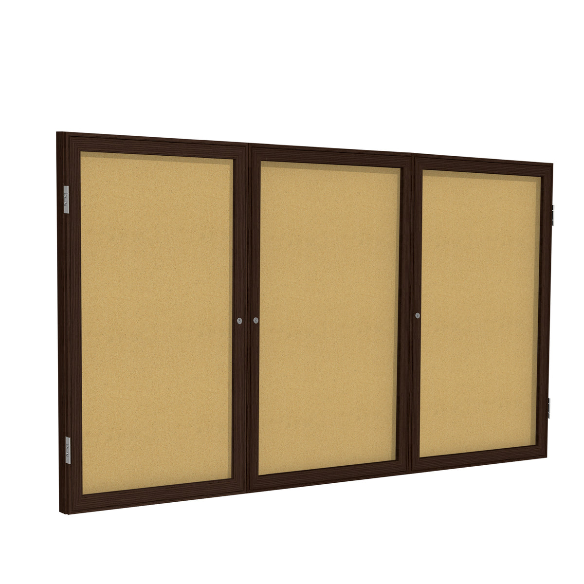 Ghent 3 Door Enclosed Natural Cork Bulletin Board w/ Walnut Wood Frame, 4'H x 6'W_0