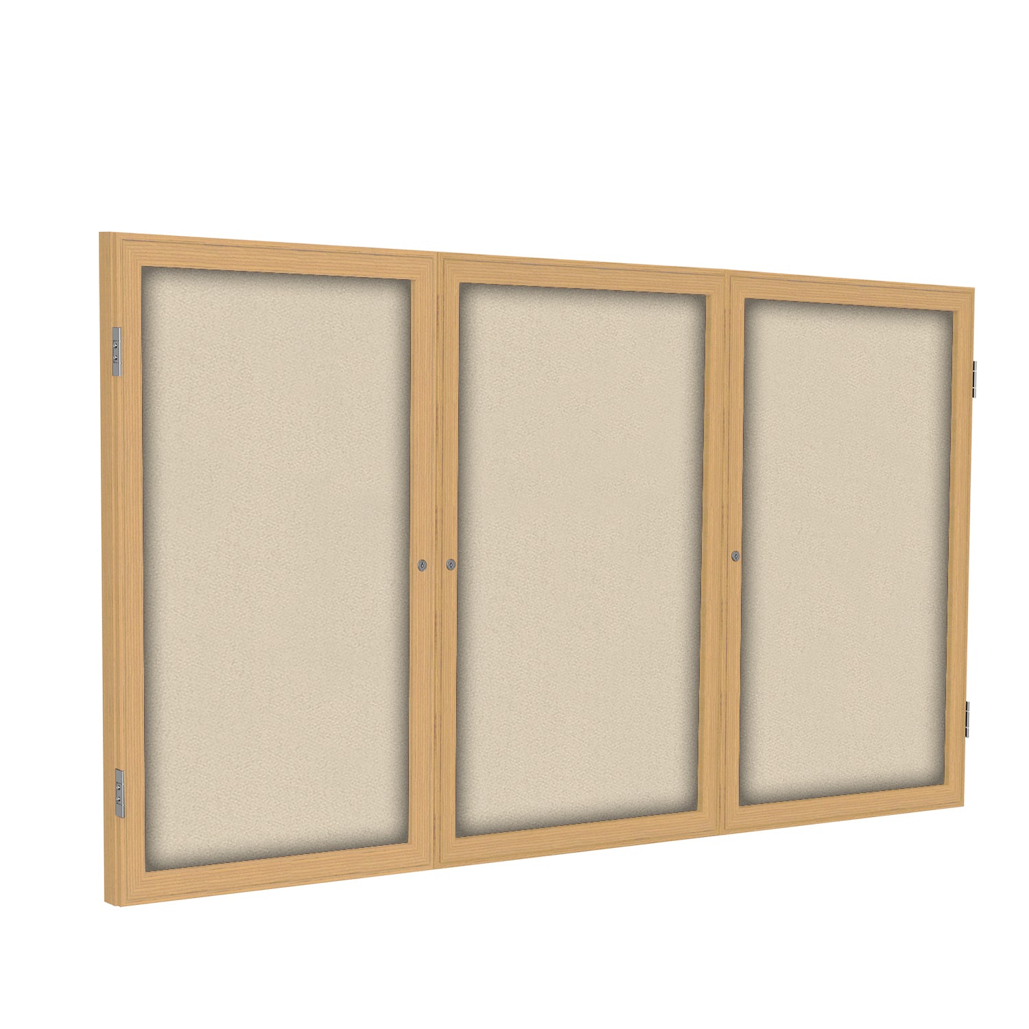 Ghent 3 Door Enclosed Fabric Bulletin Boards w/ Oak Wood Frame, 3'H x 6'W, Beige_1