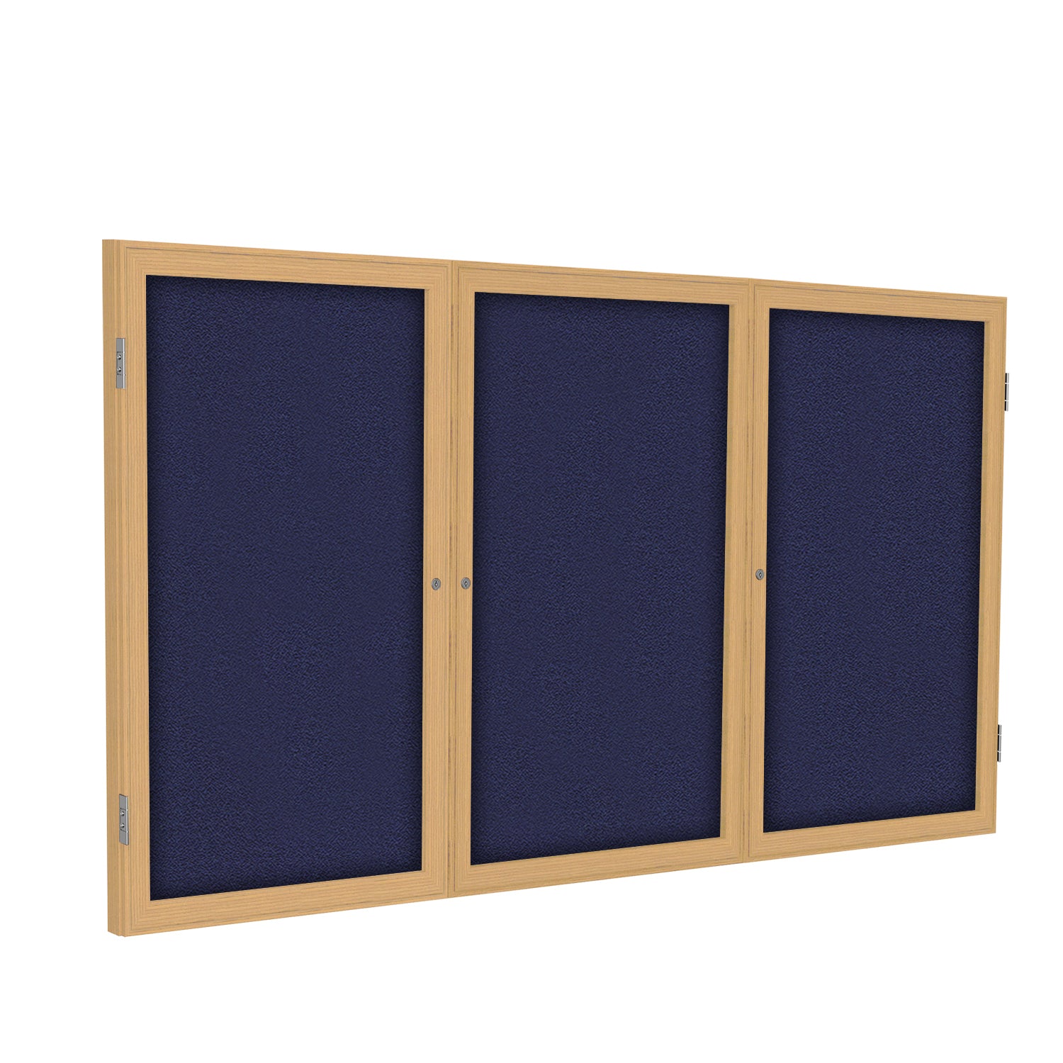 Ghent 3 Door Enclosed Fabric Bulletin Boards w/ Oak Wood Frame, 3'H x 6'W, Blue_1