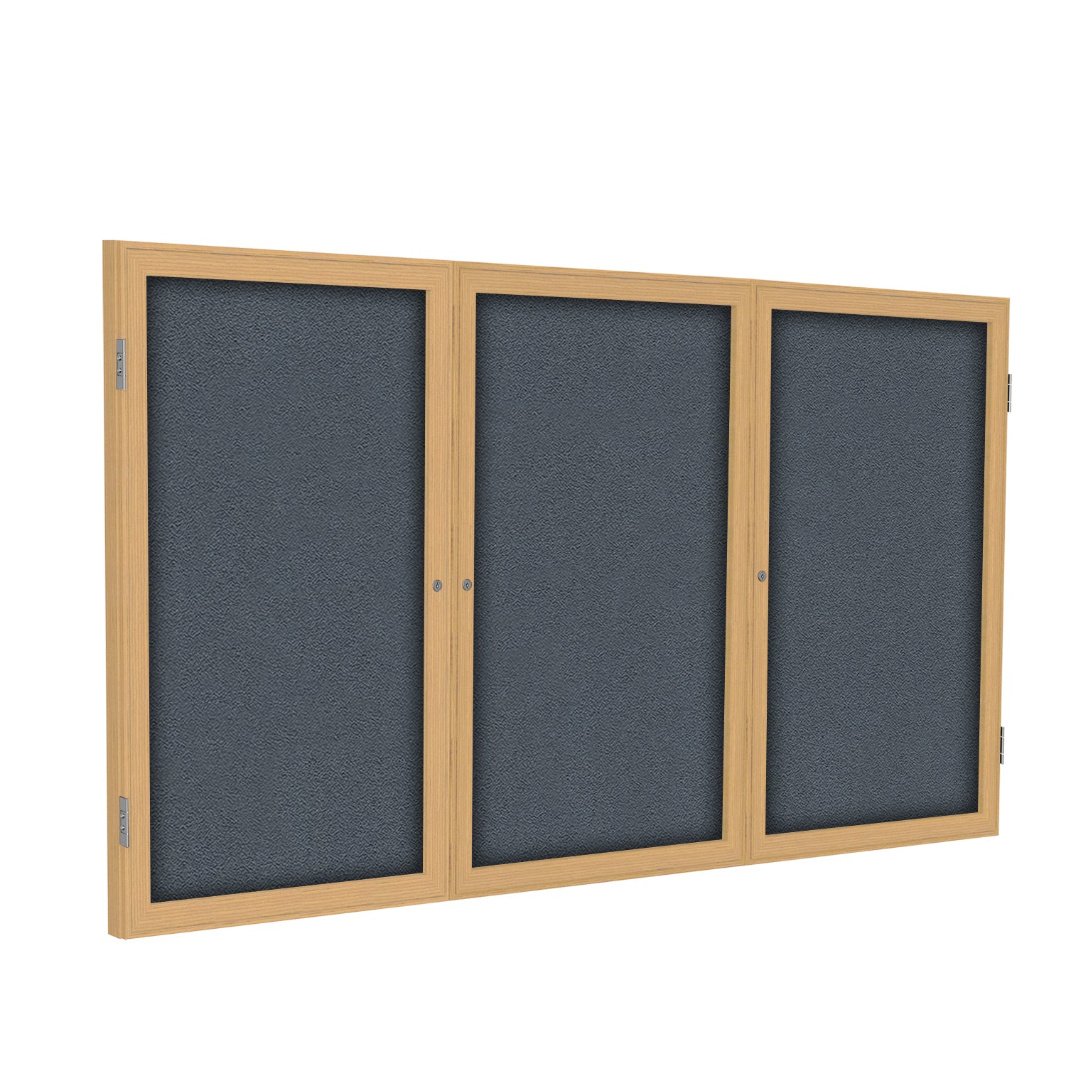 Ghent 3 Door Enclosed Fabric Bulletin Boards w/ Oak Wood Frame, 4&#39;H x 8&#39;W, Gray_1