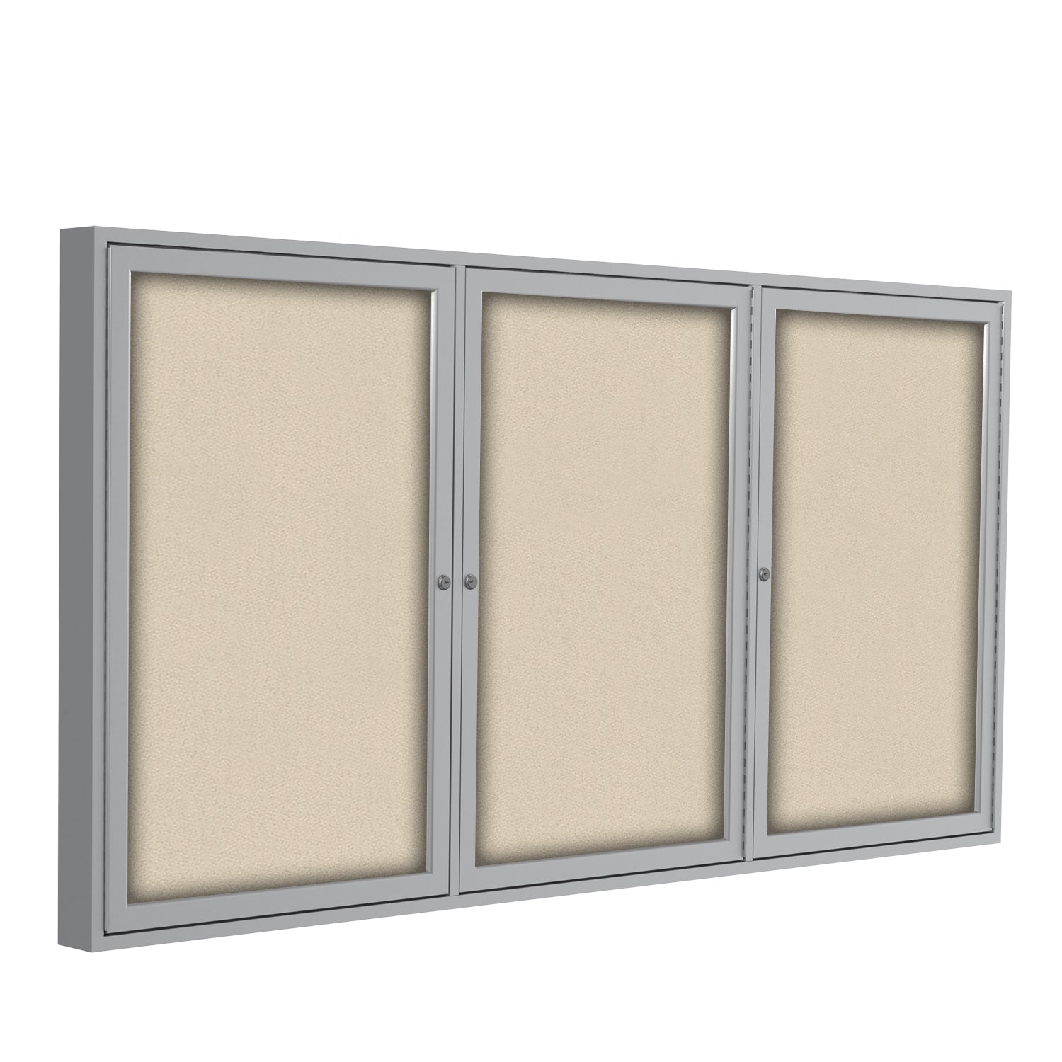 Ghent 3 Door Enclosed Fabric Bulletin Boards w/ Satin Aluminum Frame, 3'H x 6'W, Beige_1