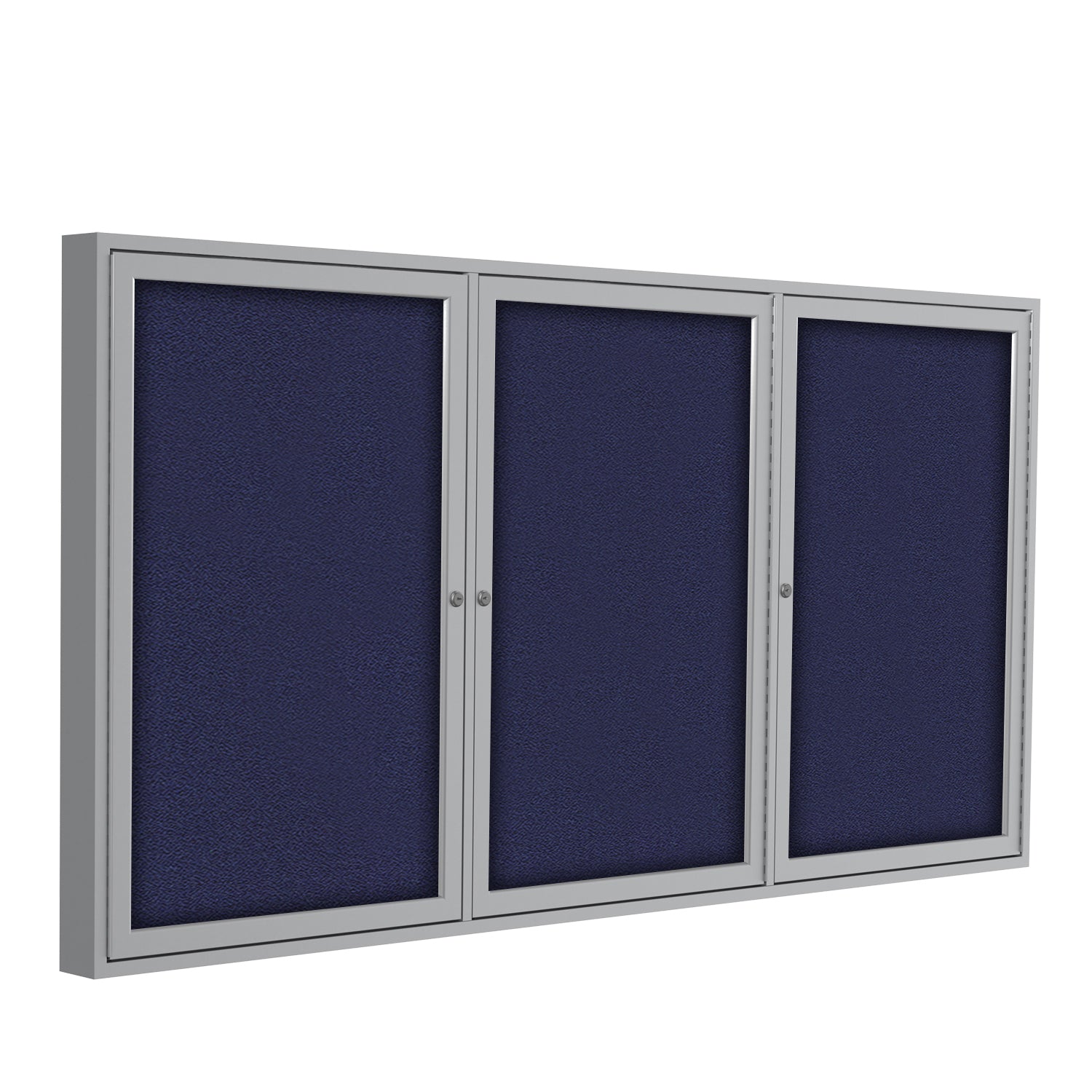 Ghent 3 Door Enclosed Fabric Bulletin Boards w/ Satin Aluminum Frame, 3'H x 6'W, Blue_1