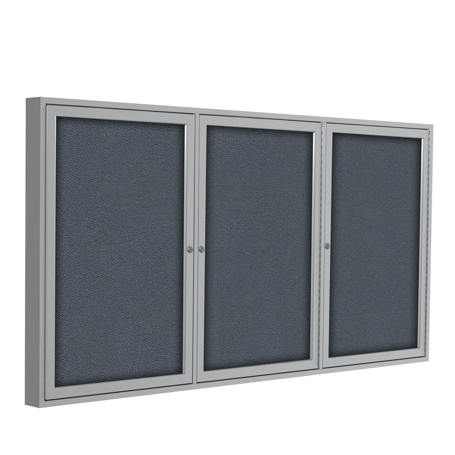 Ghent 3 Door Enclosed Fabric Bulletin Boards w/ Satin Aluminum Frame, 3'H x 6'W, Gray_1