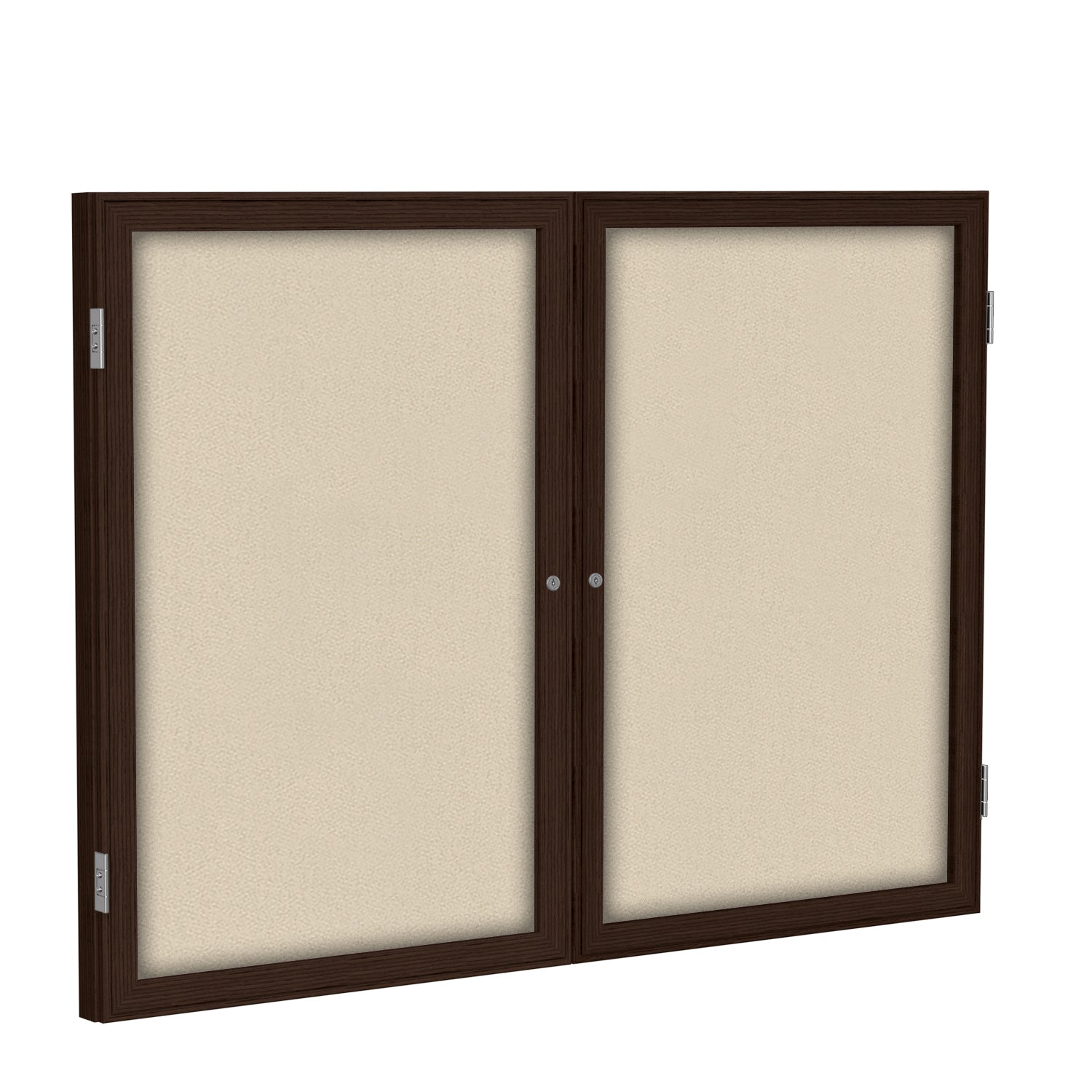 Ghent 2 Door Enclosed Fabric Bulletin Boards w/ Walnut Wood Frame, 3'H x 4'W, Beige_1