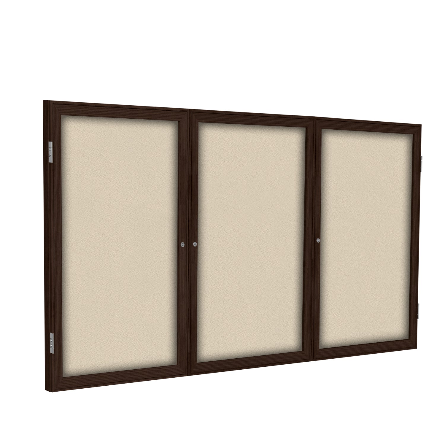 Ghent 3 Door Enclosed Fabric Bulletin Boards w/ Walnut Wood Frame, 3'H x 6'W, Beige_1