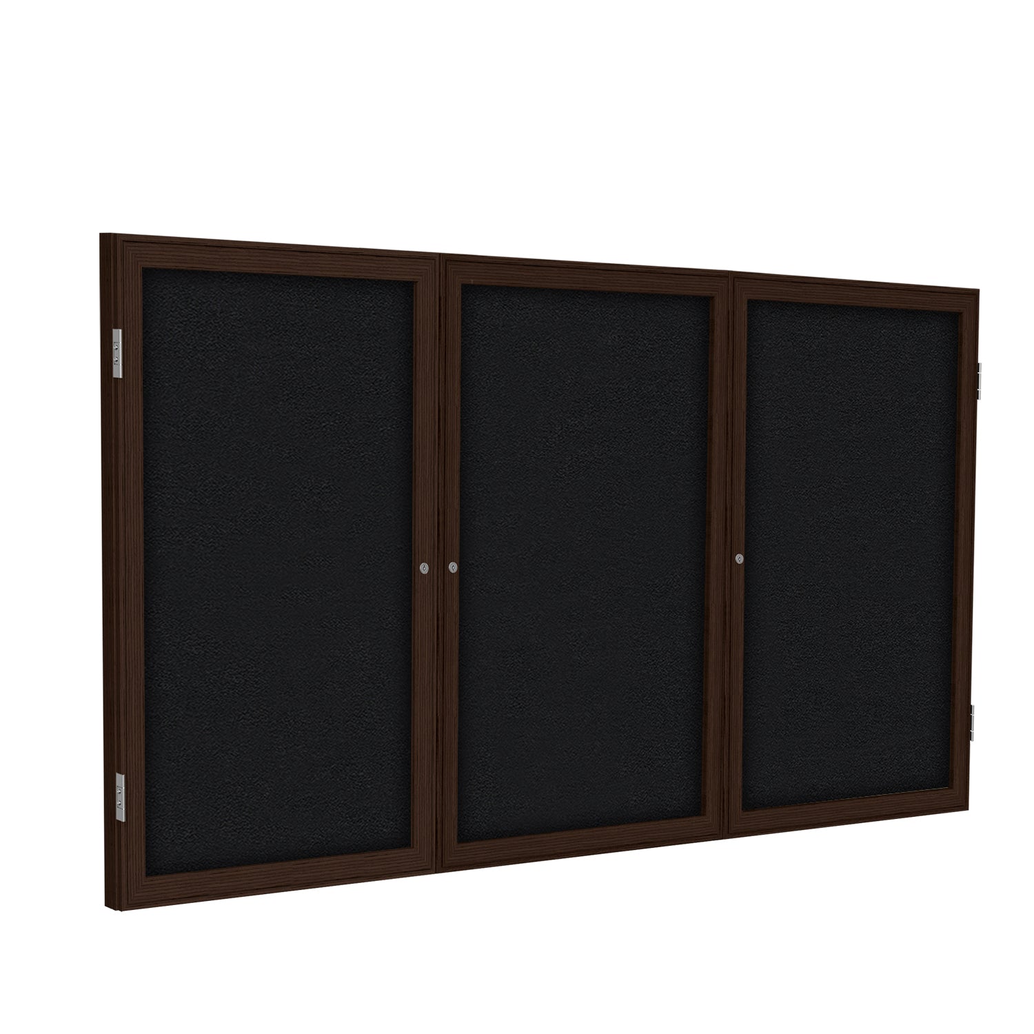 Ghent 3 Door Enclosed Fabric Bulletin Boards w/ Walnut Wood Frame, 3'H x 6'W, Black_1