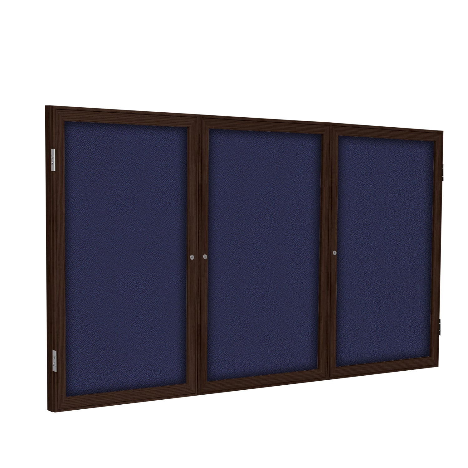 Ghent 3 Door Enclosed Fabric Bulletin Boards w/ Walnut Wood Frame, 3'H x 6'W, Blue_1