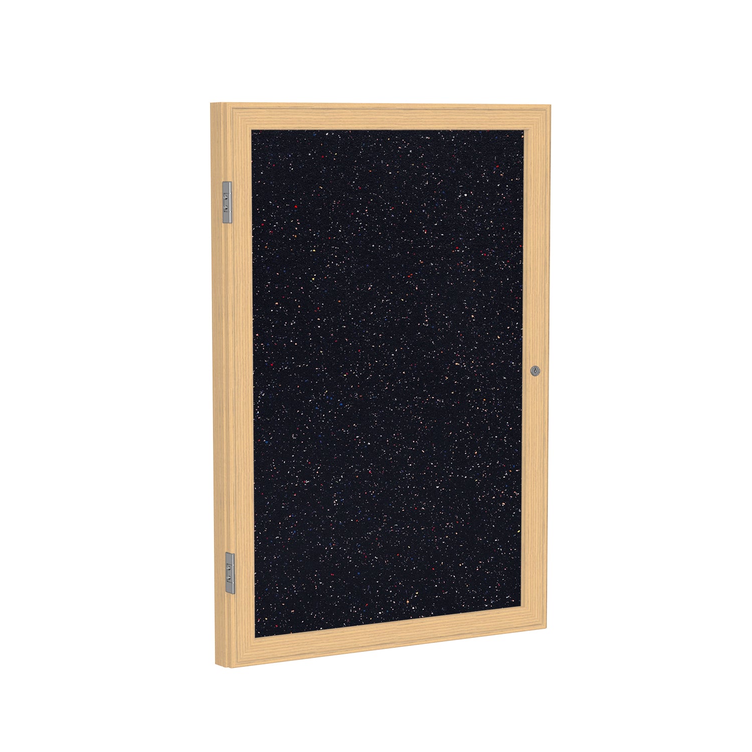 Ghent 1 Door Enclosed Recycled Rubber Bulletin Board w/ Oak Wood Frame, 24"H x 18"W, Confetti_1