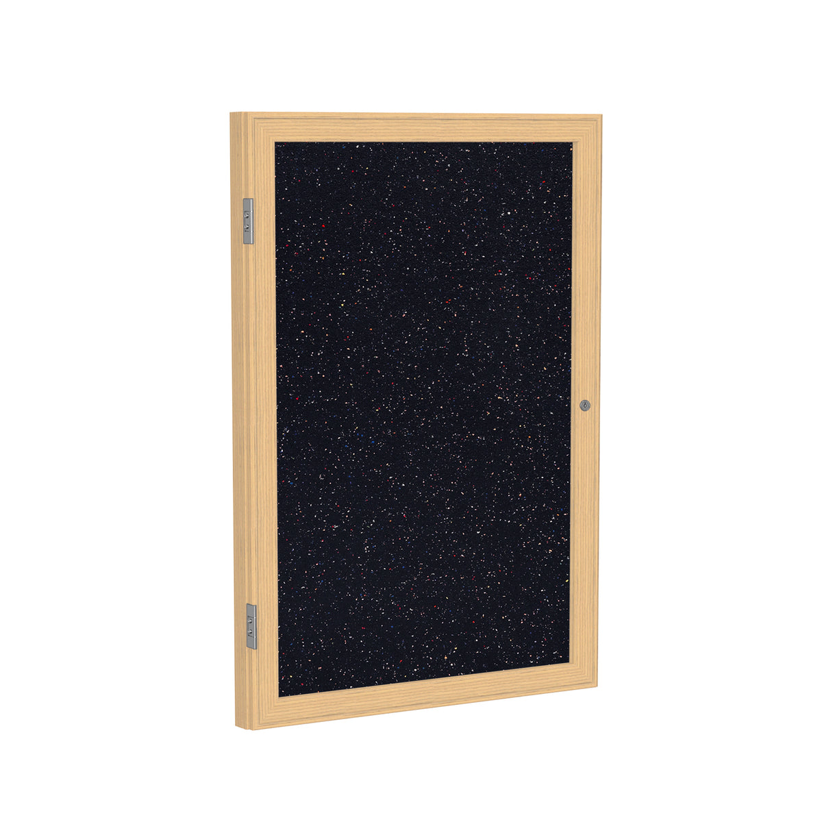 Ghent 1 Door Enclosed Recycled Rubber Bulletin Board w/ Oak Wood Frame, 3'H x 3'W, Confetti_1
