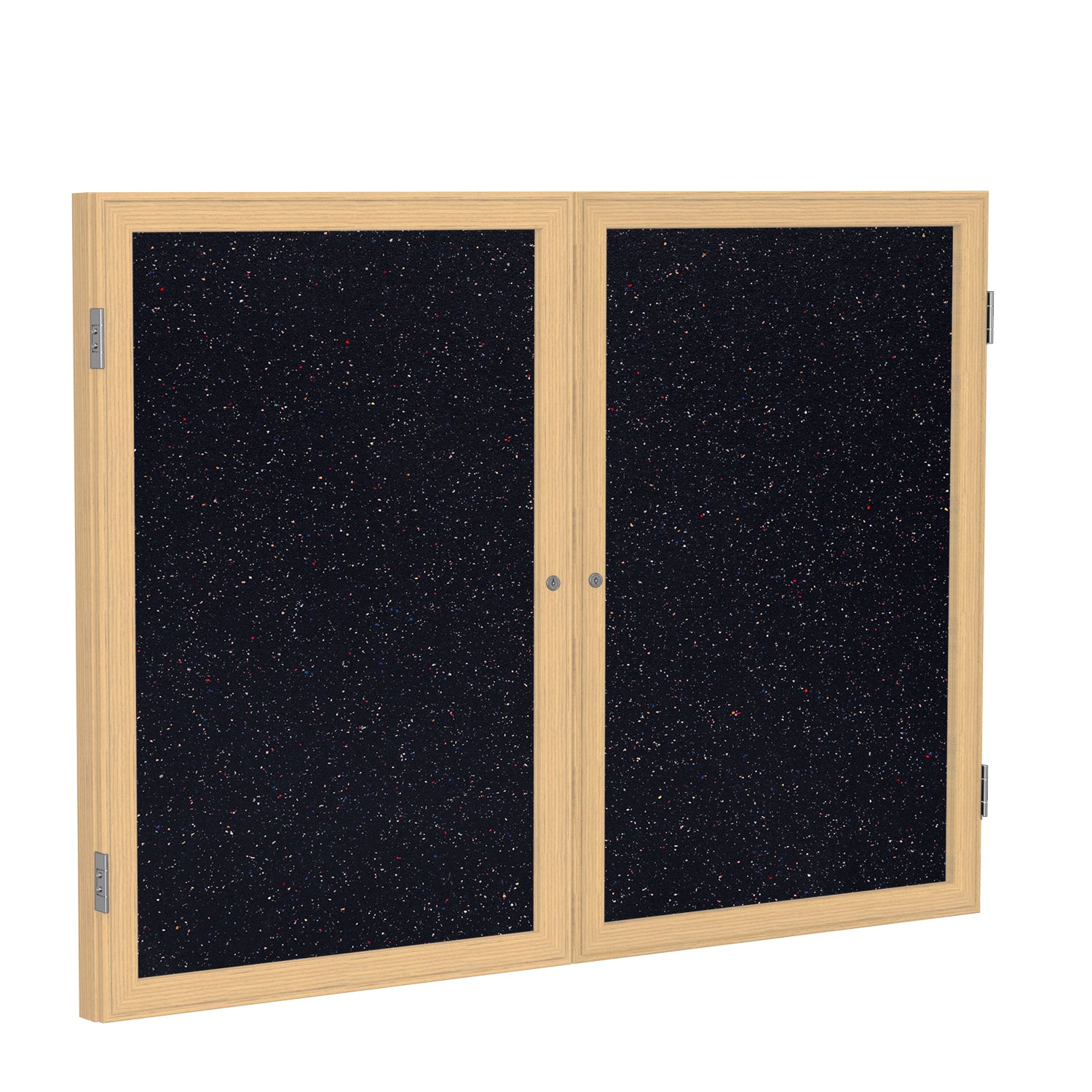 Ghent 2 Door Enclosed Recycled Rubber Bulletin Board w/ Oak Wood Frame, 3'H x 4'W, Confetti_1