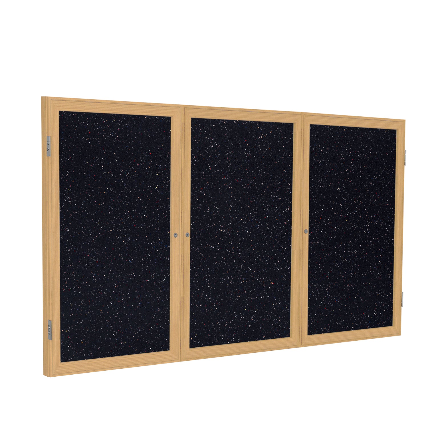 Ghent 3 Door Enclosed Recycled Rubber Bulletin Board w/ Oak Wood Frame, 3'H x 6'W, Confetti_1