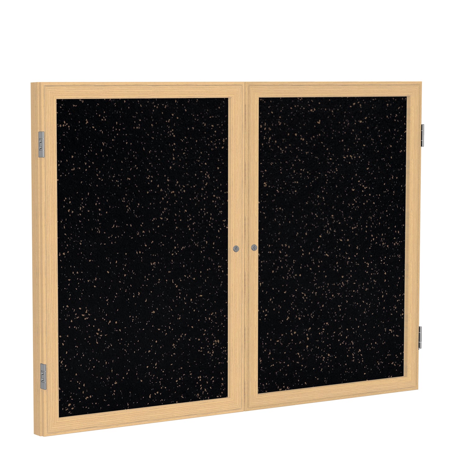 Ghent 2 Door Enclosed Recycled Rubber Bulletin Board w/ Oak Wood Frame, 3'H x 4'W, Tan Speckled_1