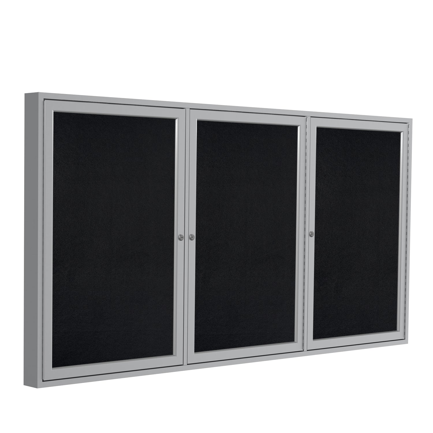 Ghent 3 Door Enclosed Recycled Rubber Bulletin Board w/ Satin Aluminum Frame, 3'H x 6'W, Black_1