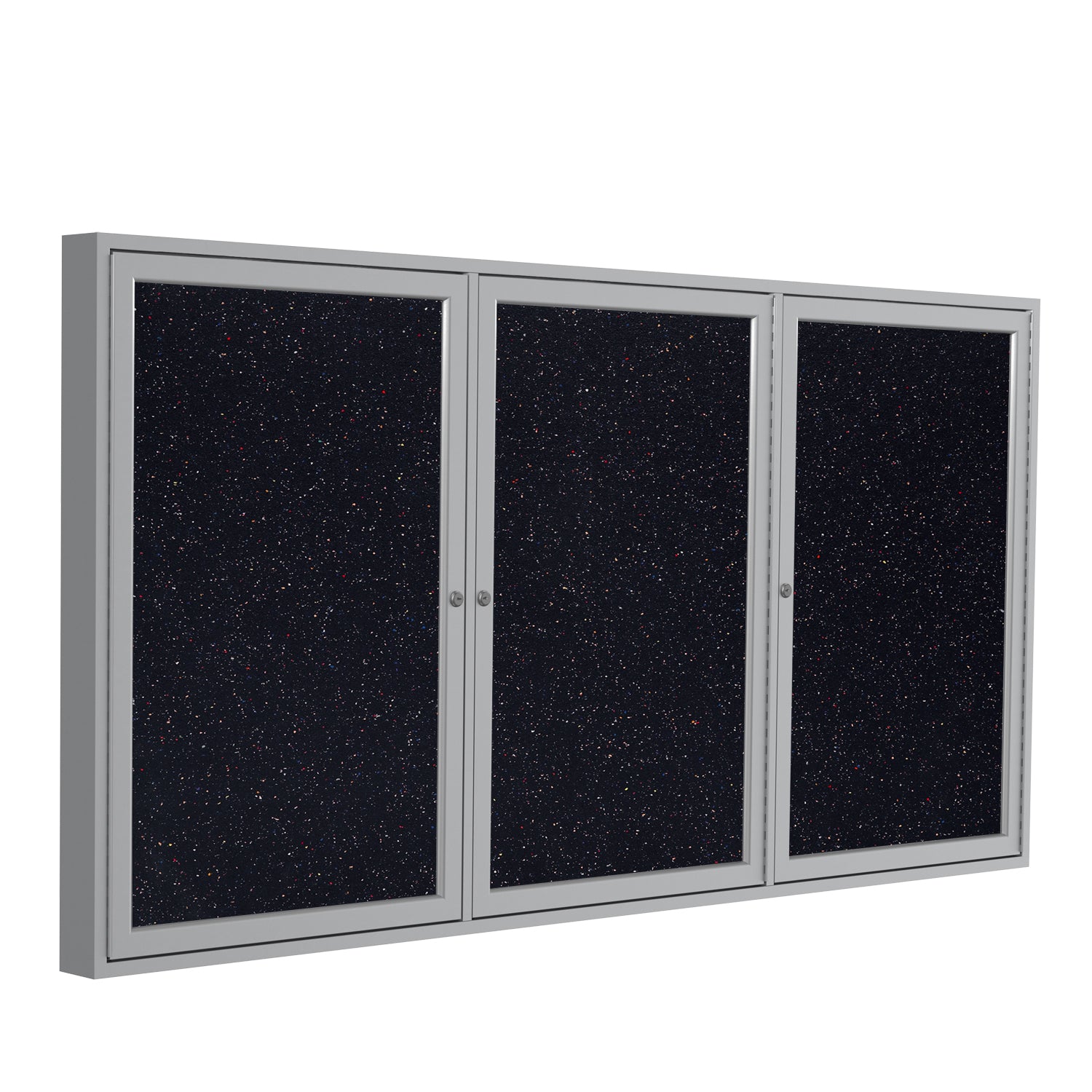 Ghent 3 Door Enclosed Recycled Rubber Bulletin Board w/ Satin Aluminum Frame, 3'H x 6'W, Confetti_1