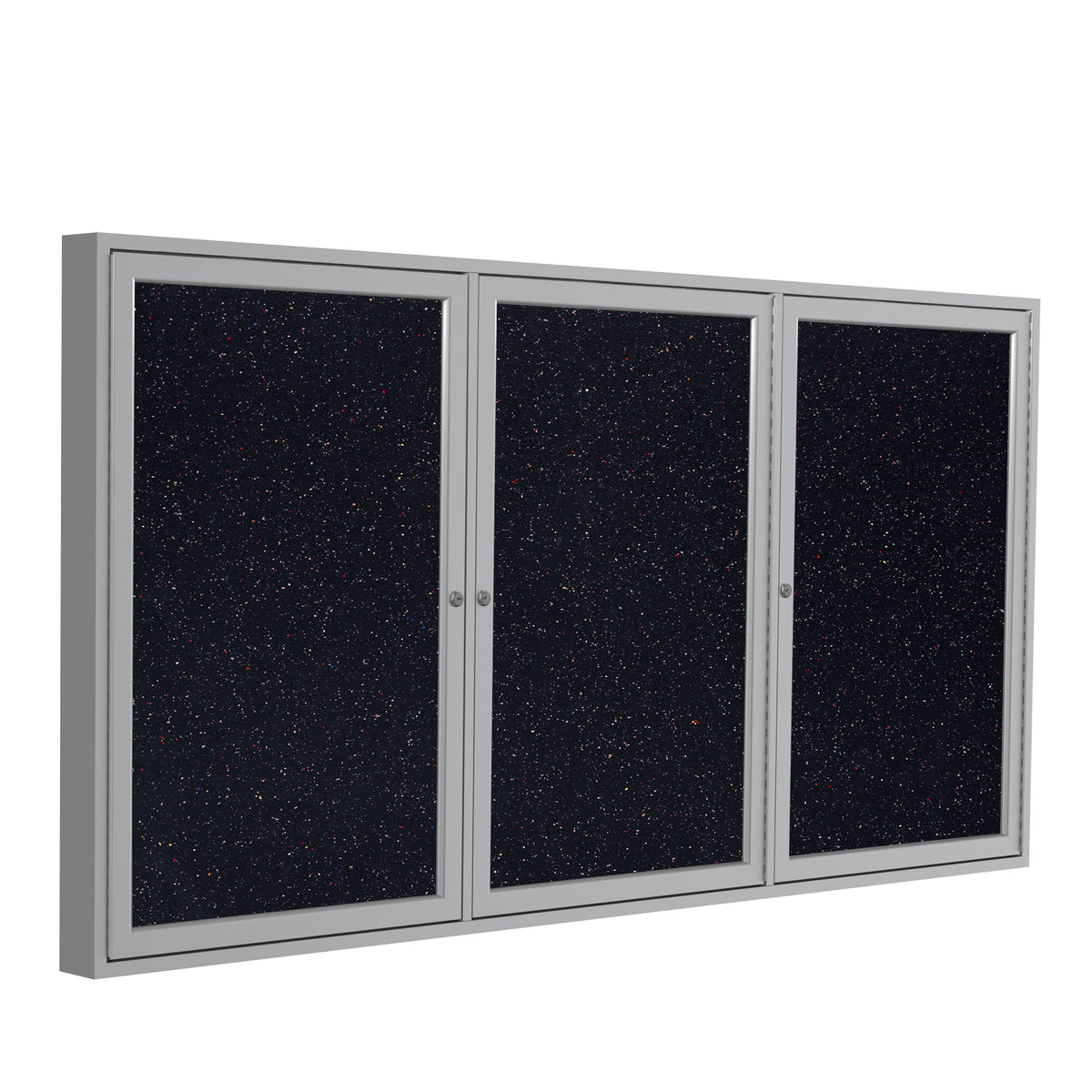 Ghent 3 Door Enclosed Recycled Rubber Bulletin Board w/ Satin Aluminum Frame, 4'H x 8'W, Confetti_1