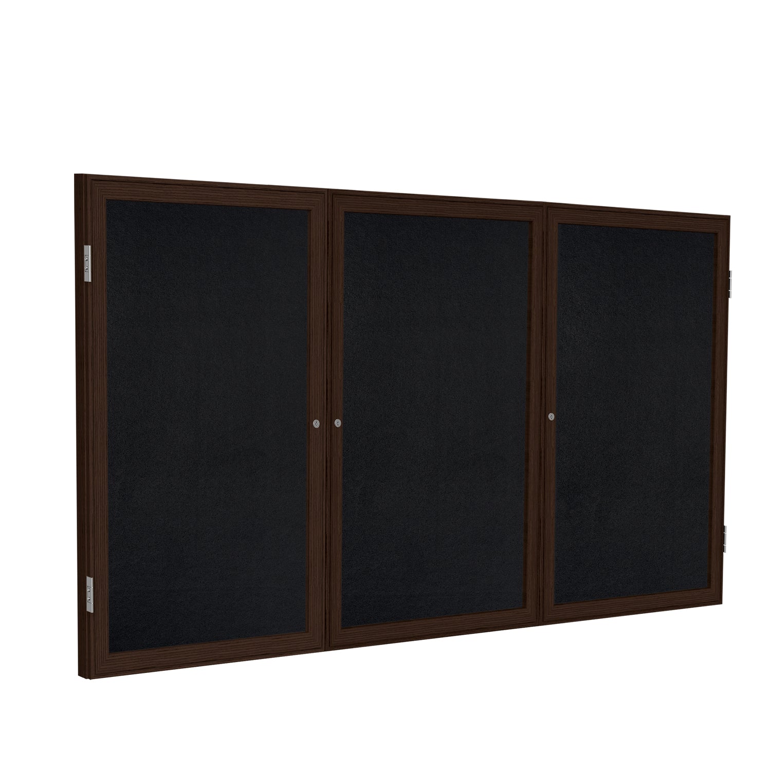 Ghent 3 Door Enclosed Recycled Rubber Bulletin Board w/ Walnut Wood Frame, 3'H x 6'W, Black_1