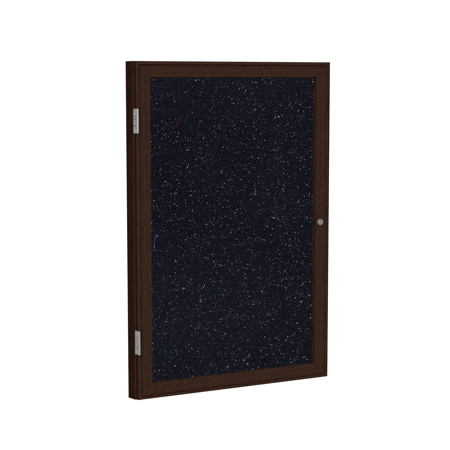 Ghent 1 Door Enclosed Recycled Rubber Bulletin Board w/ Walnut Wood Frame, 24"H x 18"W, Confetti_1